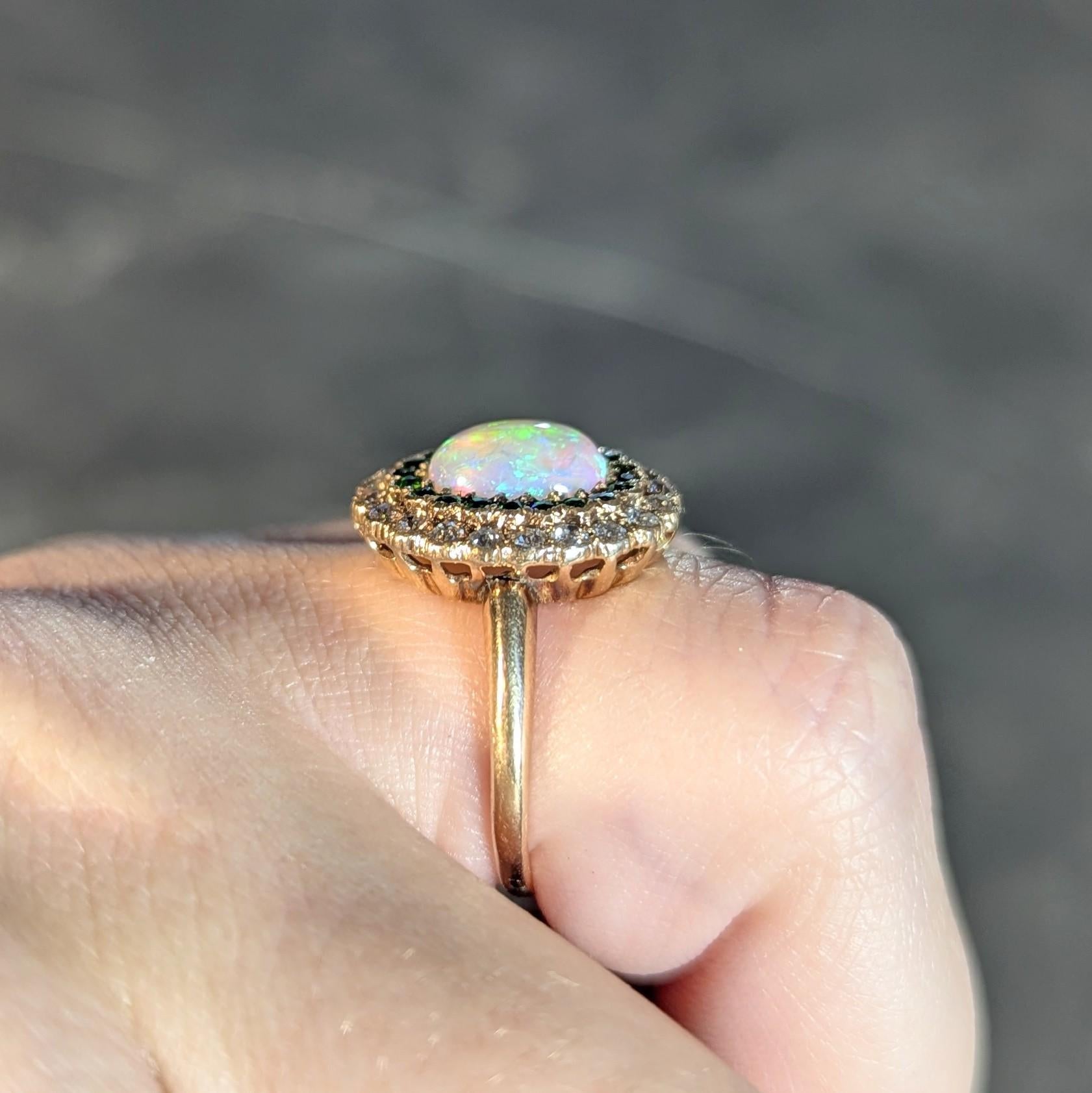 Edwardian Diamond Demantoid Garnet Opal 14 Karat Yellow Gold Antique Halo Ring