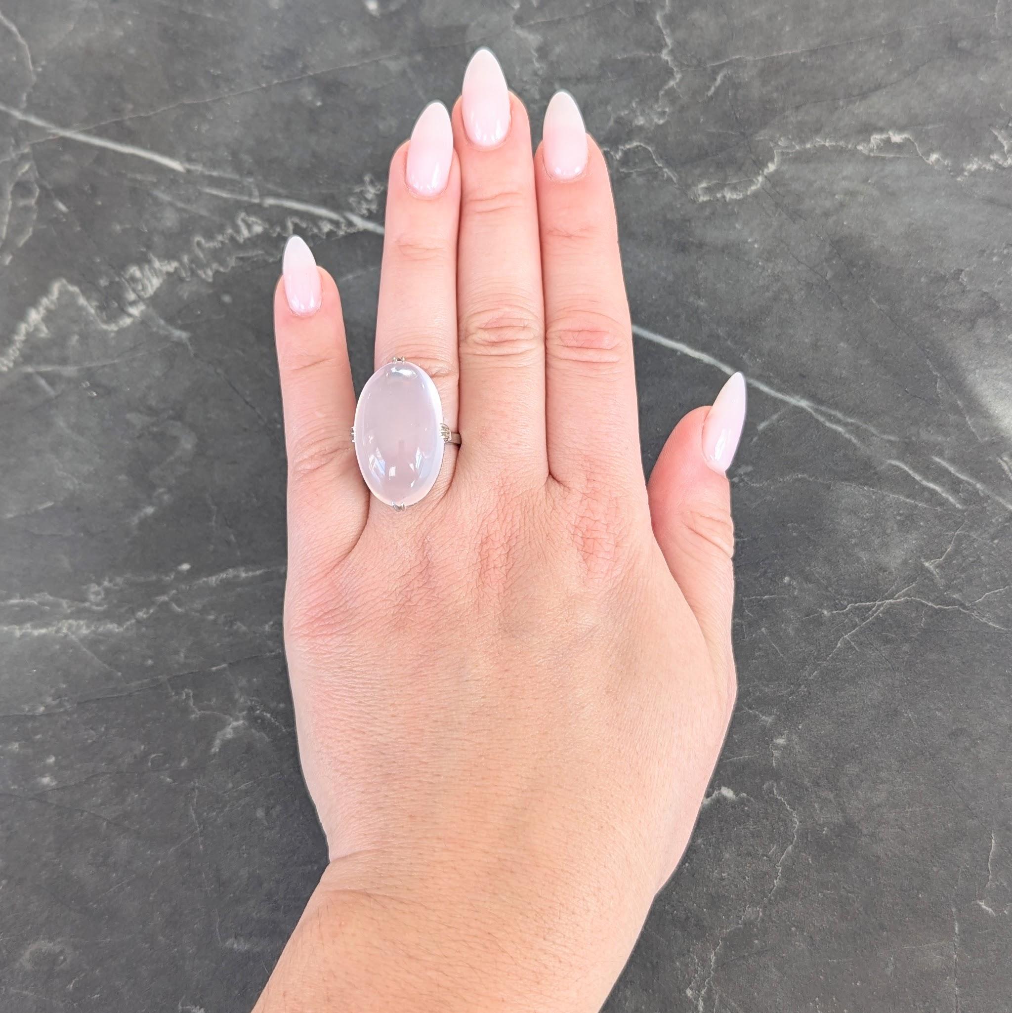 Mid-Century Rose Quartz Cabochon 14 Karat White Gold Vintage Cocktail Ring