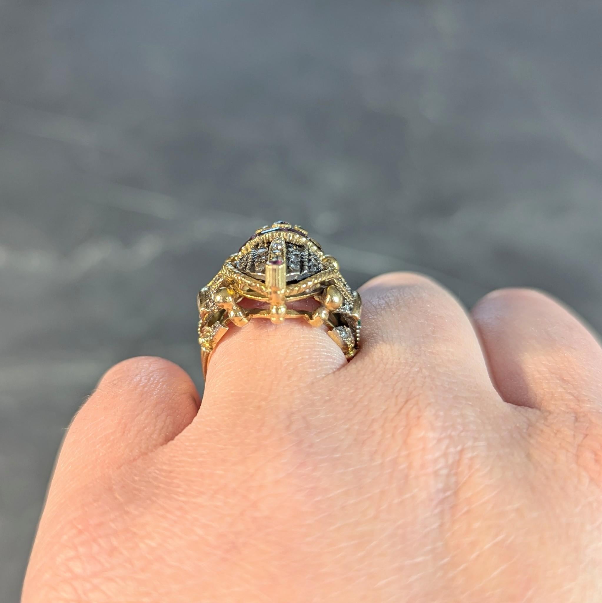 Mid-Century 1.32 CTW Diamond Emerald Ruby 18 Karat Gold Antique Scarab Ring