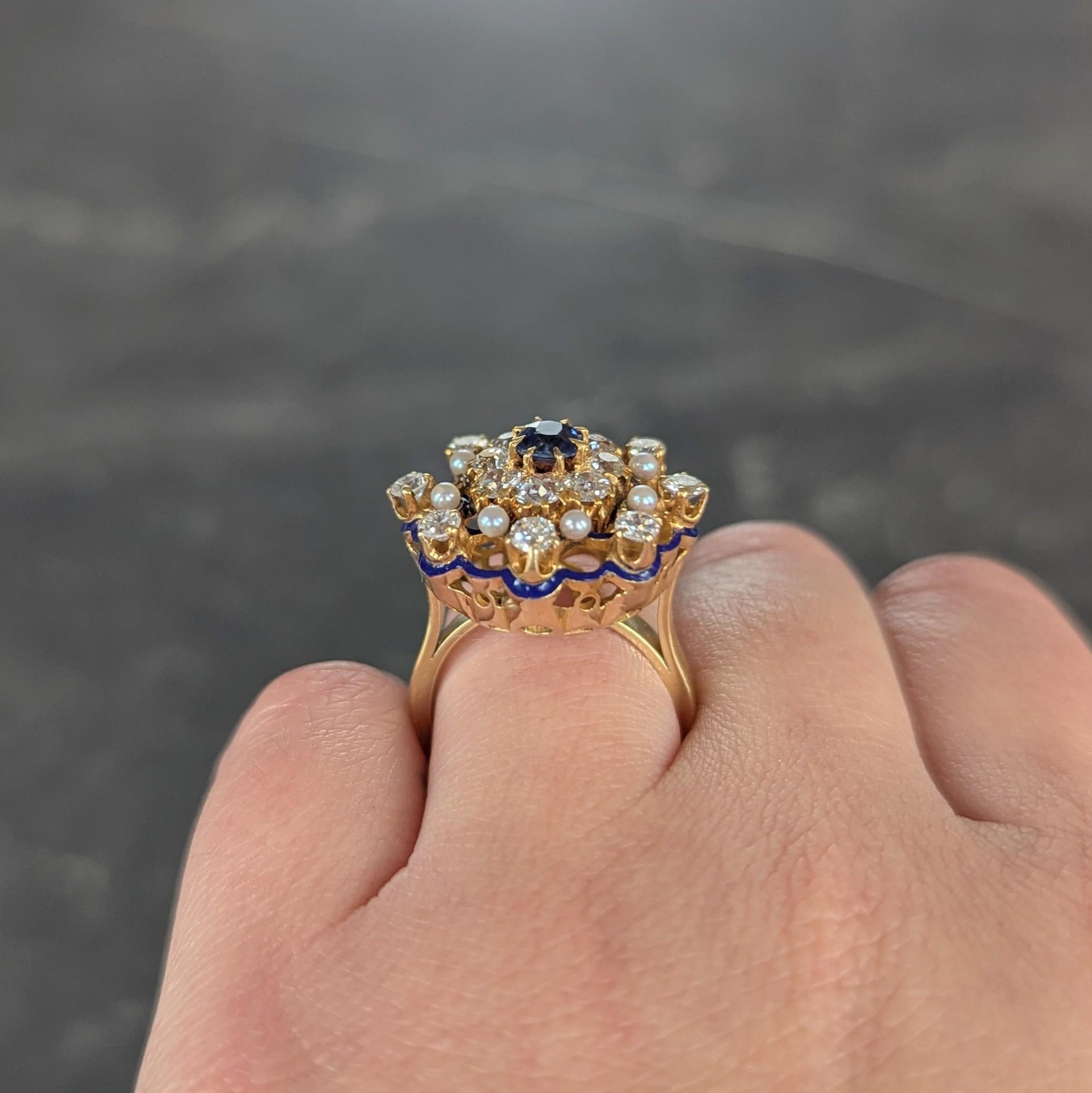 1950's 2.12 CTW Sapphire Diamond Pearl Enamel 18K Gold Vintage Cocktail Ring