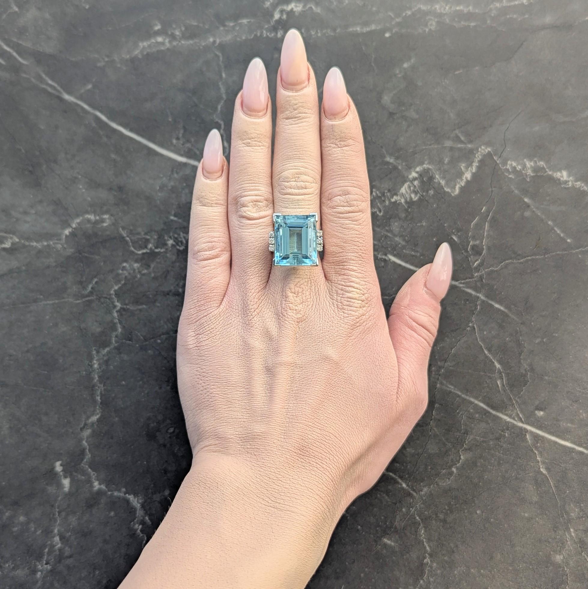 Mid-Century 19.50 CTW Aquamarine Diamond 18K White Gold Vintage Cocktail Ring