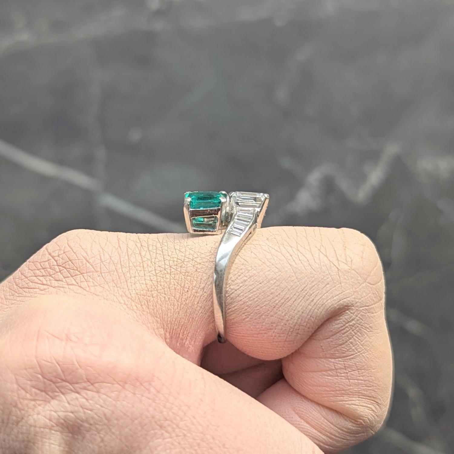 1980's Emerald Diamond Platinum Vintage Toi-Et-Moi Bypass Engagement Ring