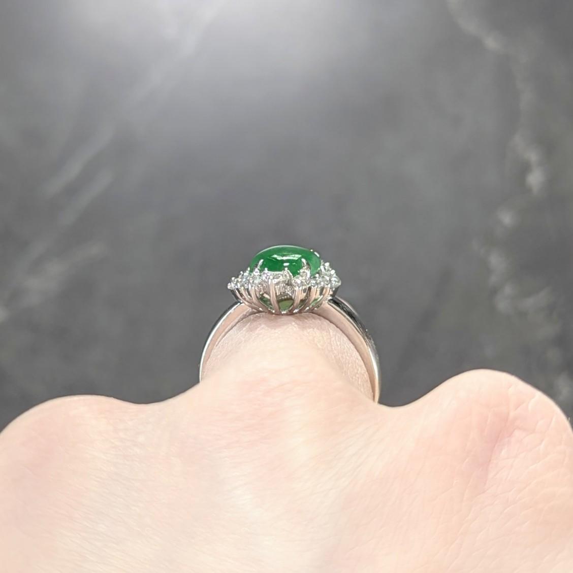 Contemporary Type A Jadeite Jade Fei Cui Diamond Platinum Halo Ring GIA