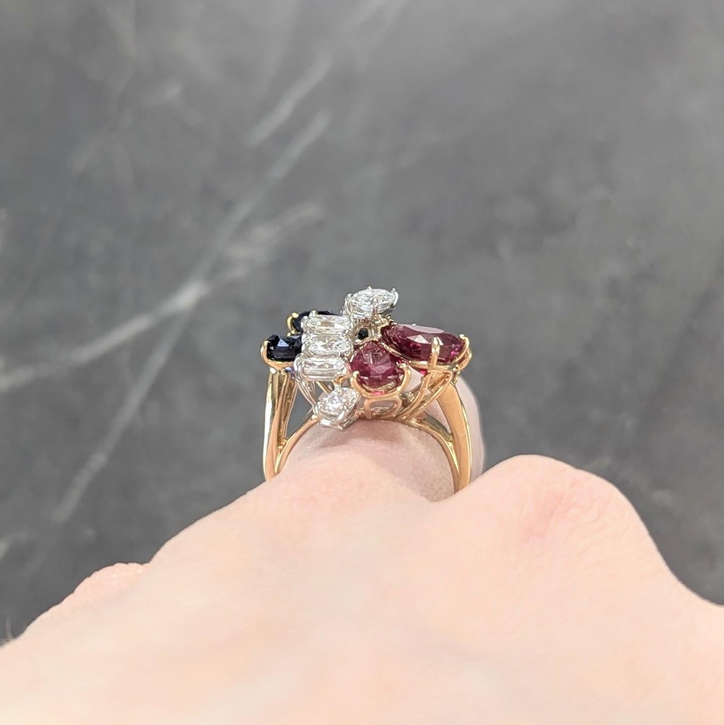 Oscar Heyman Diamond Ruby Sapphire Platinum 18K Gold Cluster Ring