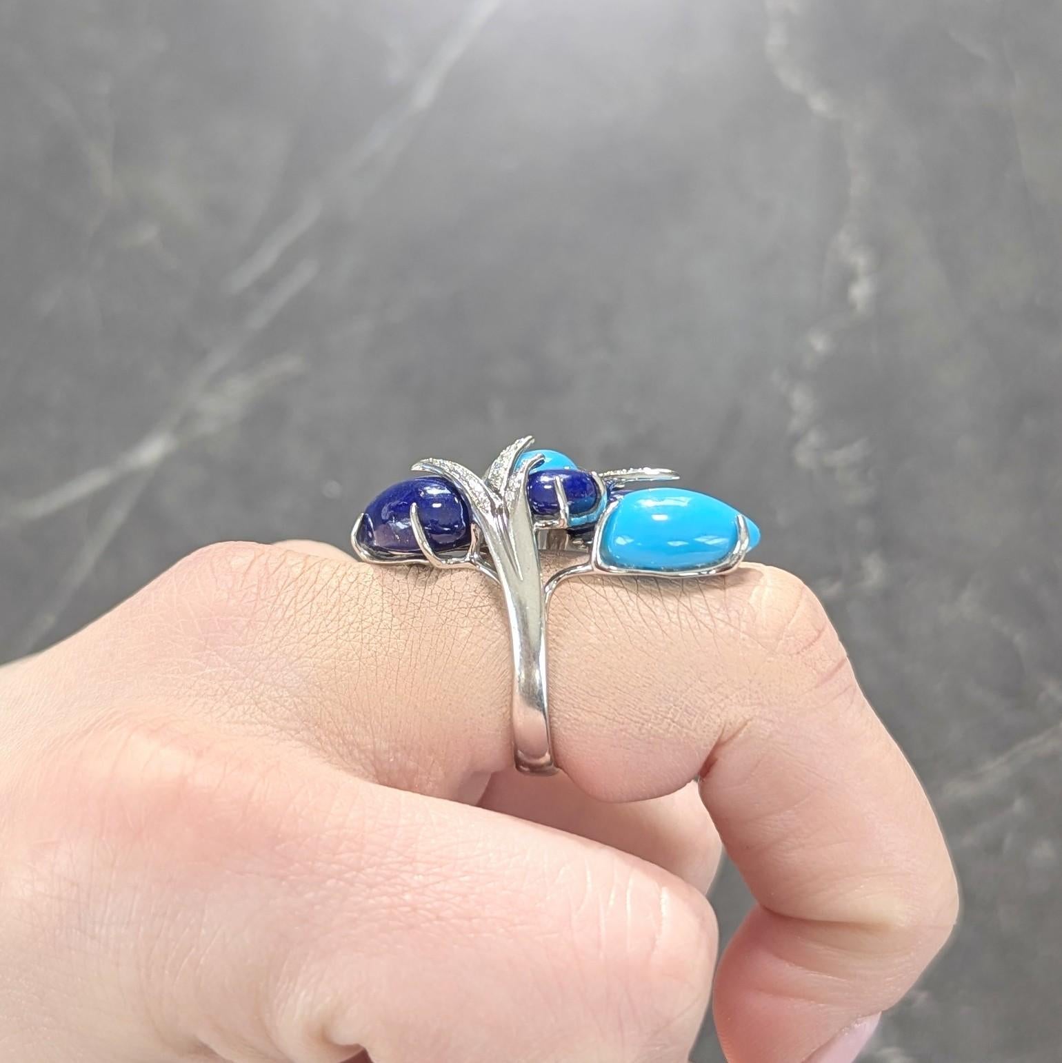 Contemporary Diamond Turquoise Lapis Lazuli 18 Karat White Gold Branch Ring