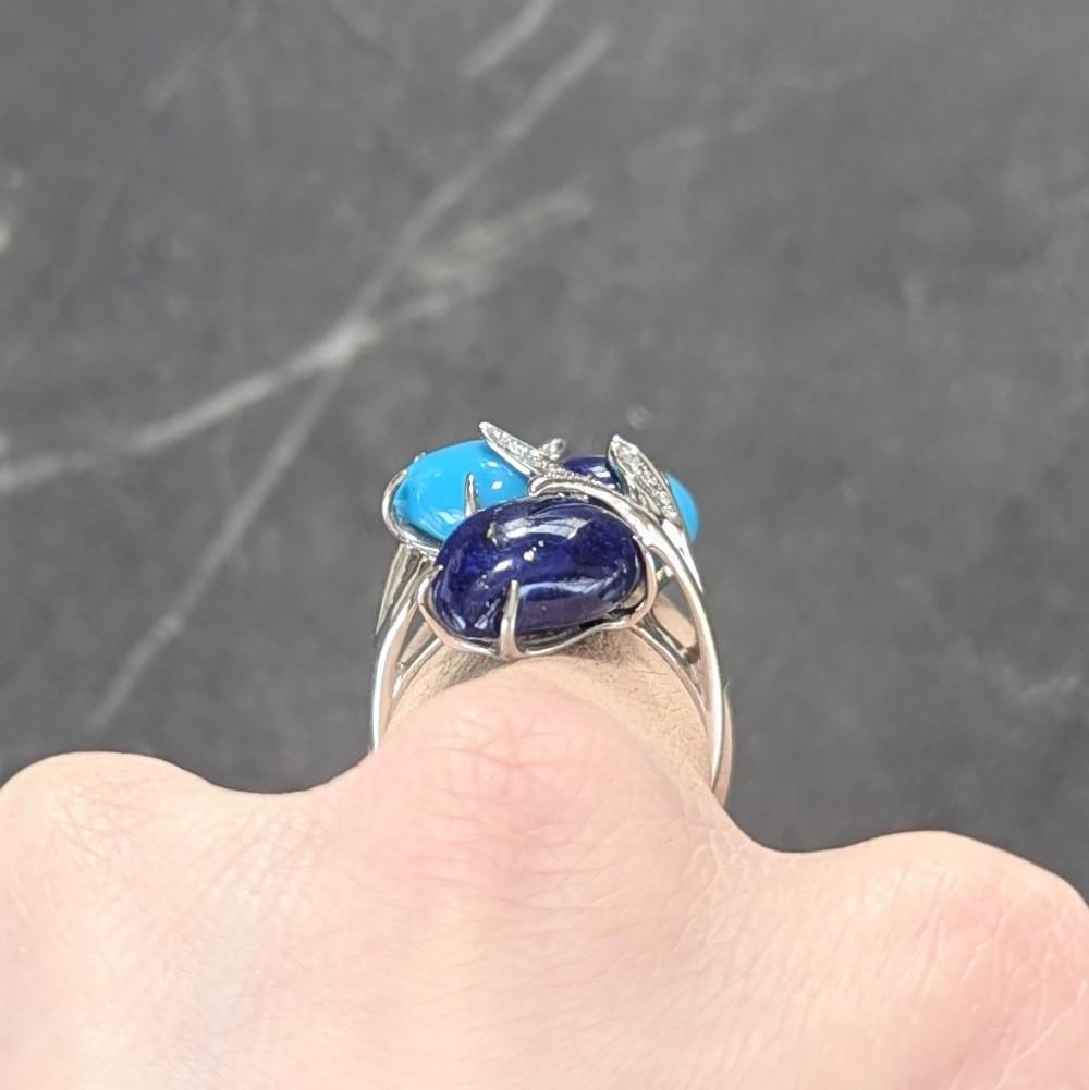 Contemporary Diamond Turquoise Lapis Lazuli 18 Karat White Gold Branch Ring