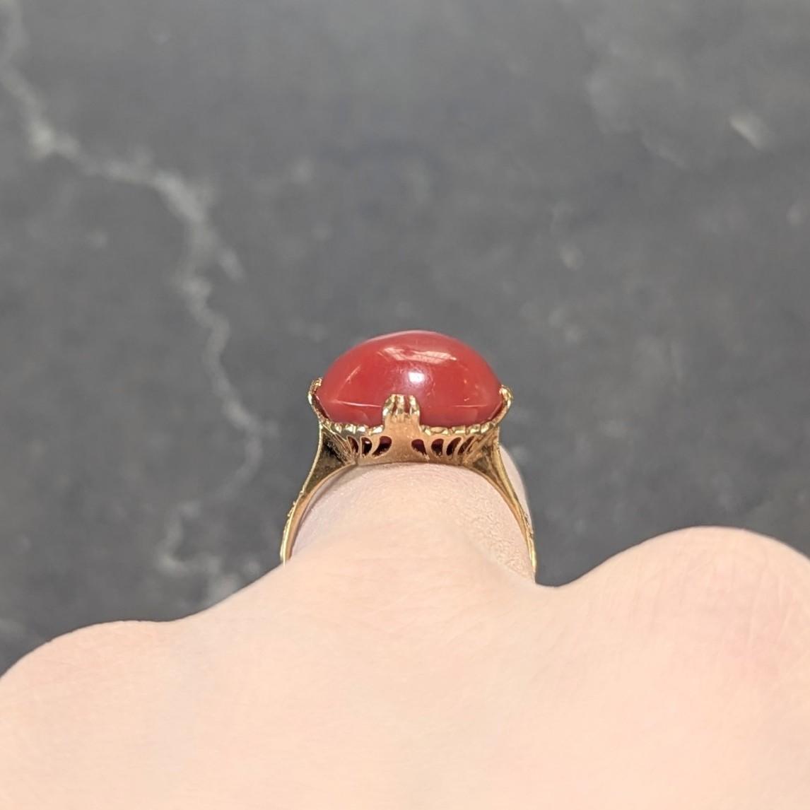 Victorian Coral Cabochon 18 Karat Yellow Gold Antique Scrolling Gemstone Ring