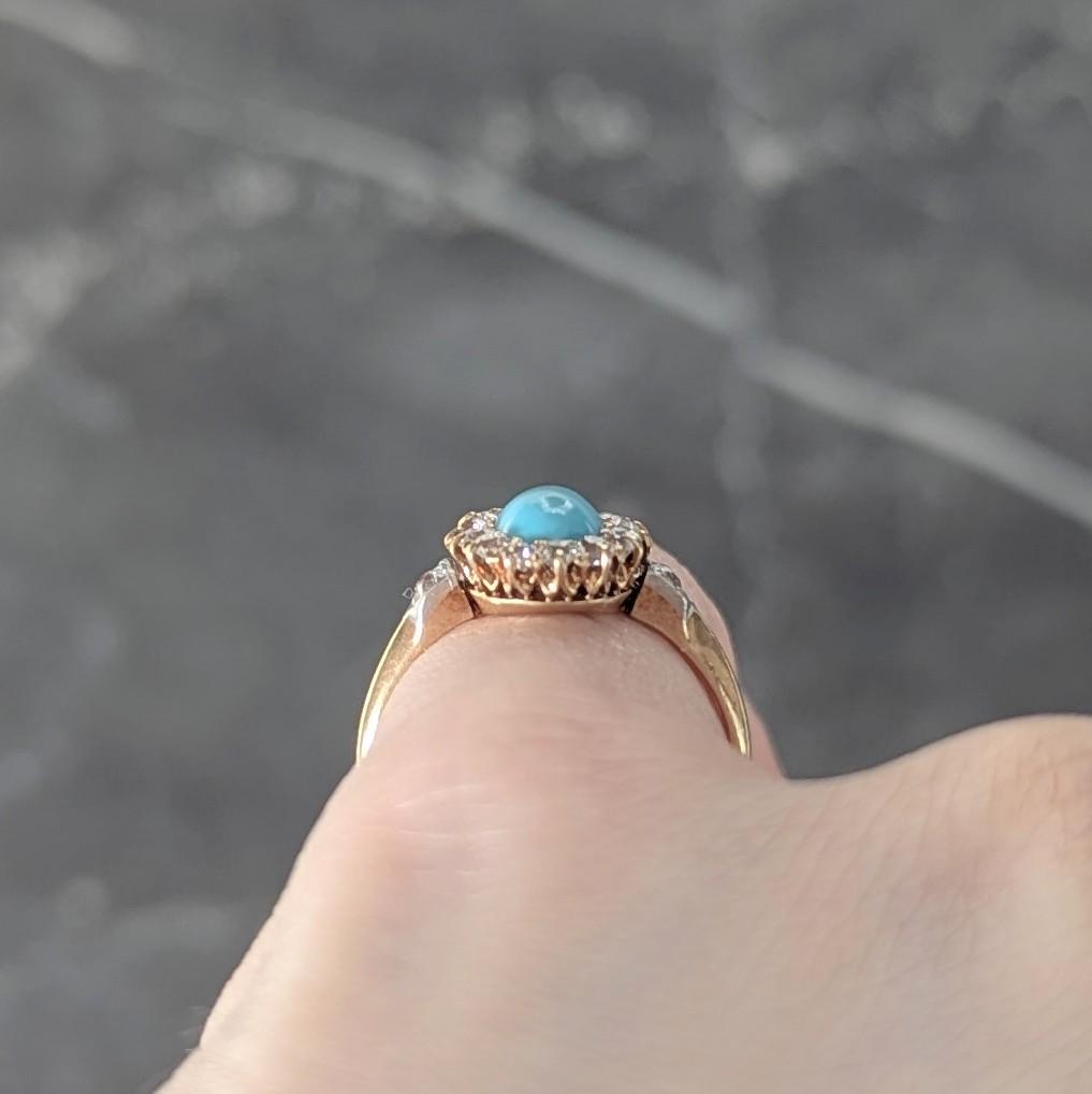 Edwardian Diamond Turquoise Platinum 14 Karat Yellow Gold Antique Halo Ring
