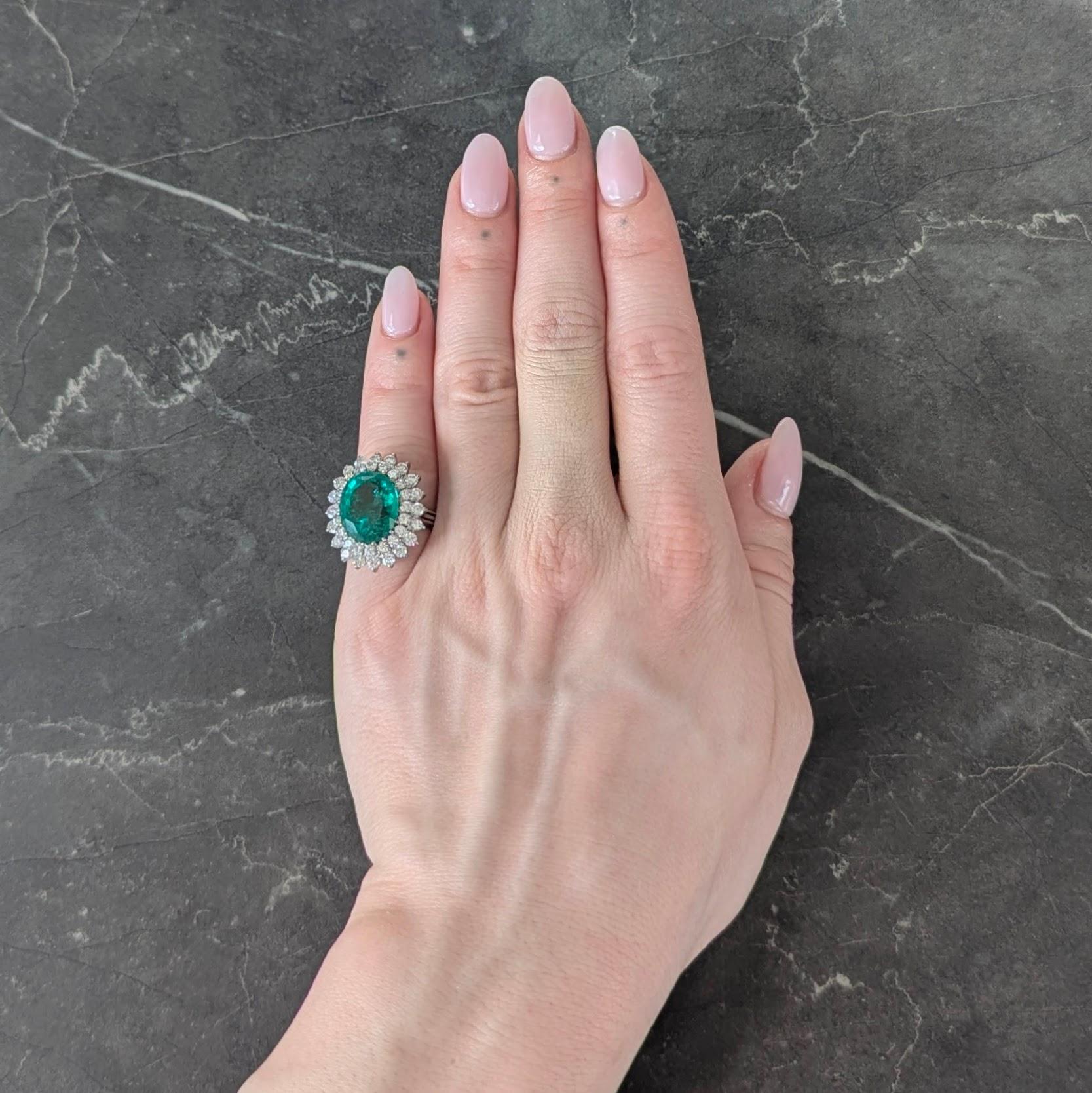 Mid-Century 7.60 CTW Emerald Diamond 18 Karat Gold Vintage Double Halo Ring AGL