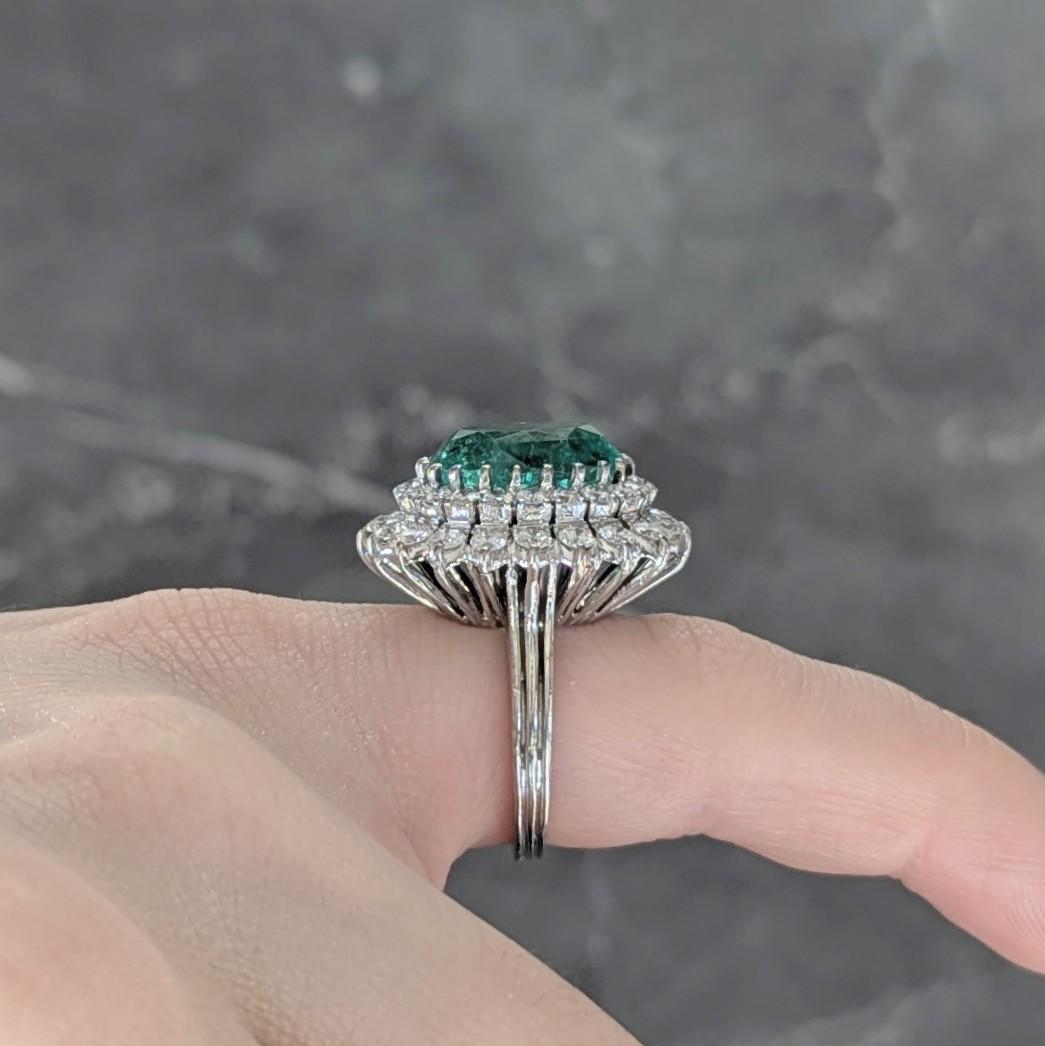 Mid-Century 7.60 CTW Emerald Diamond 18 Karat Gold Vintage Double Halo Ring AGL