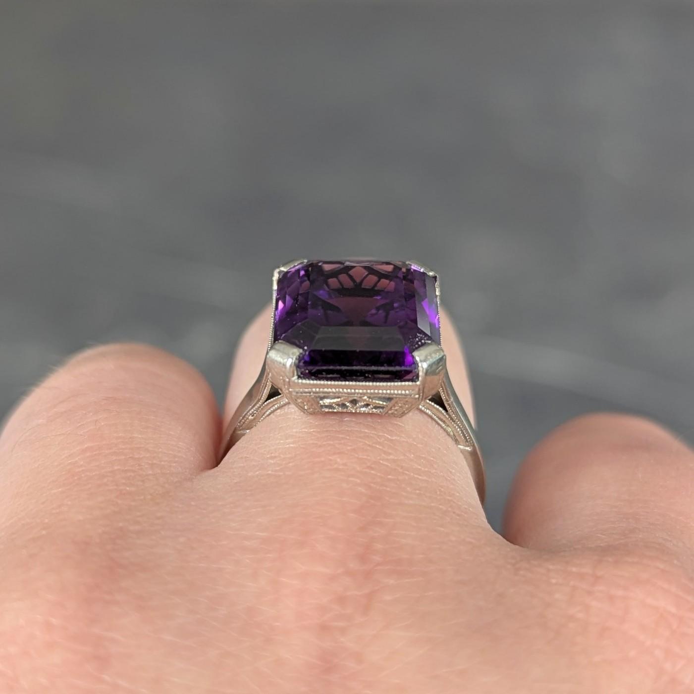 Art Deco 9.34 CTW Amethyst 18 Karat White Gold Vintage Wheat Cocktail Ring