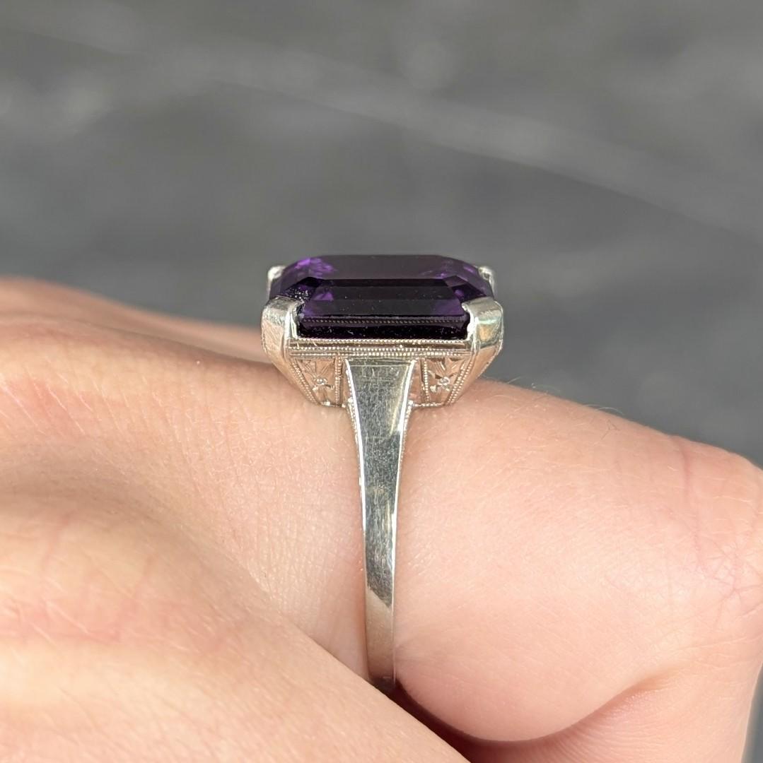 Art Deco 9.34 CTW Amethyst 18 Karat White Gold Vintage Wheat Cocktail Ring