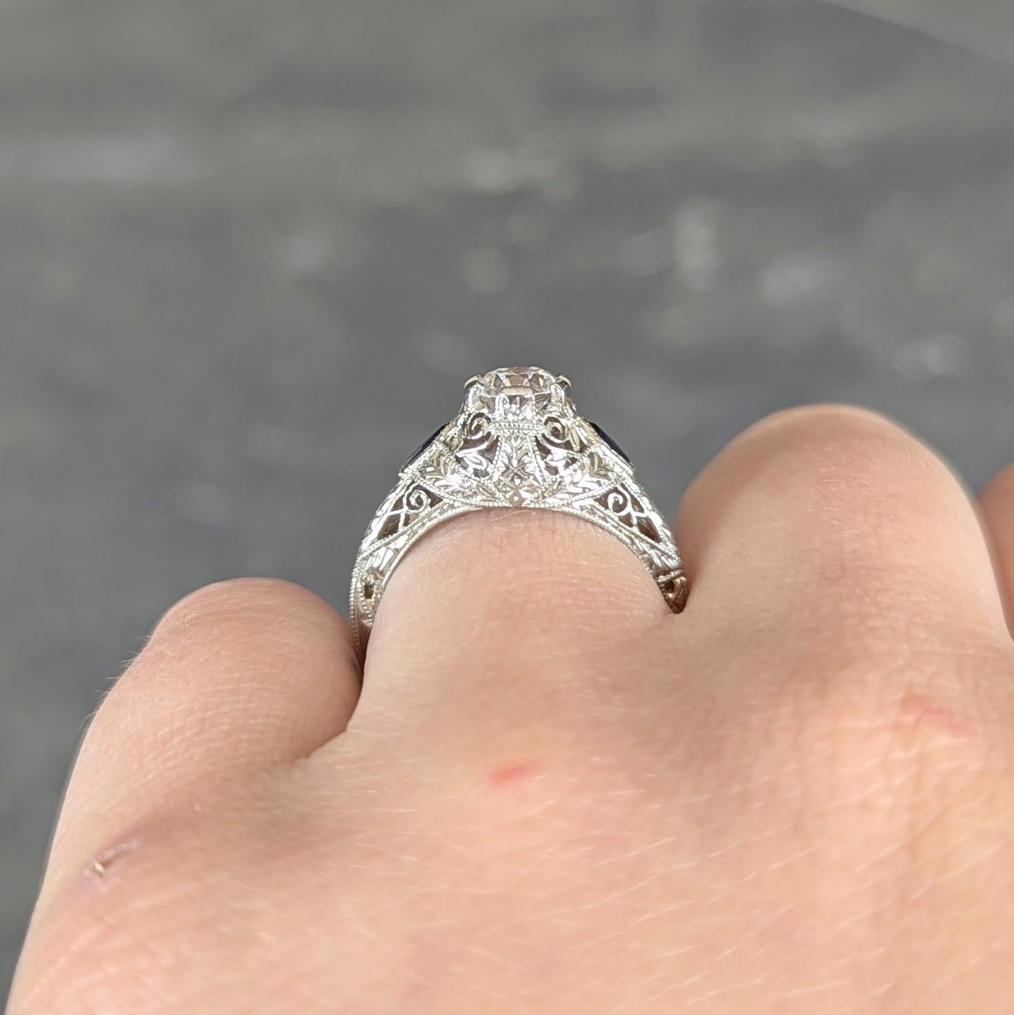 Art Deco European Cut Diamond 18 Karat White Gold Vintage Scroll Engagement Ring