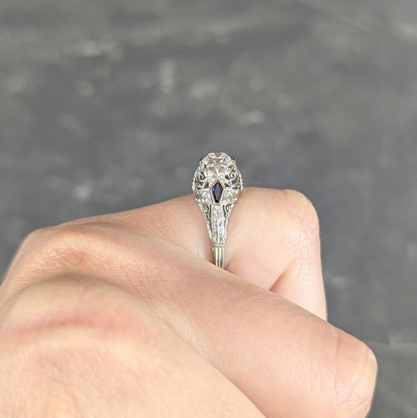 Art Deco European Cut Diamond 18 Karat White Gold Vintage Scroll Engagement Ring