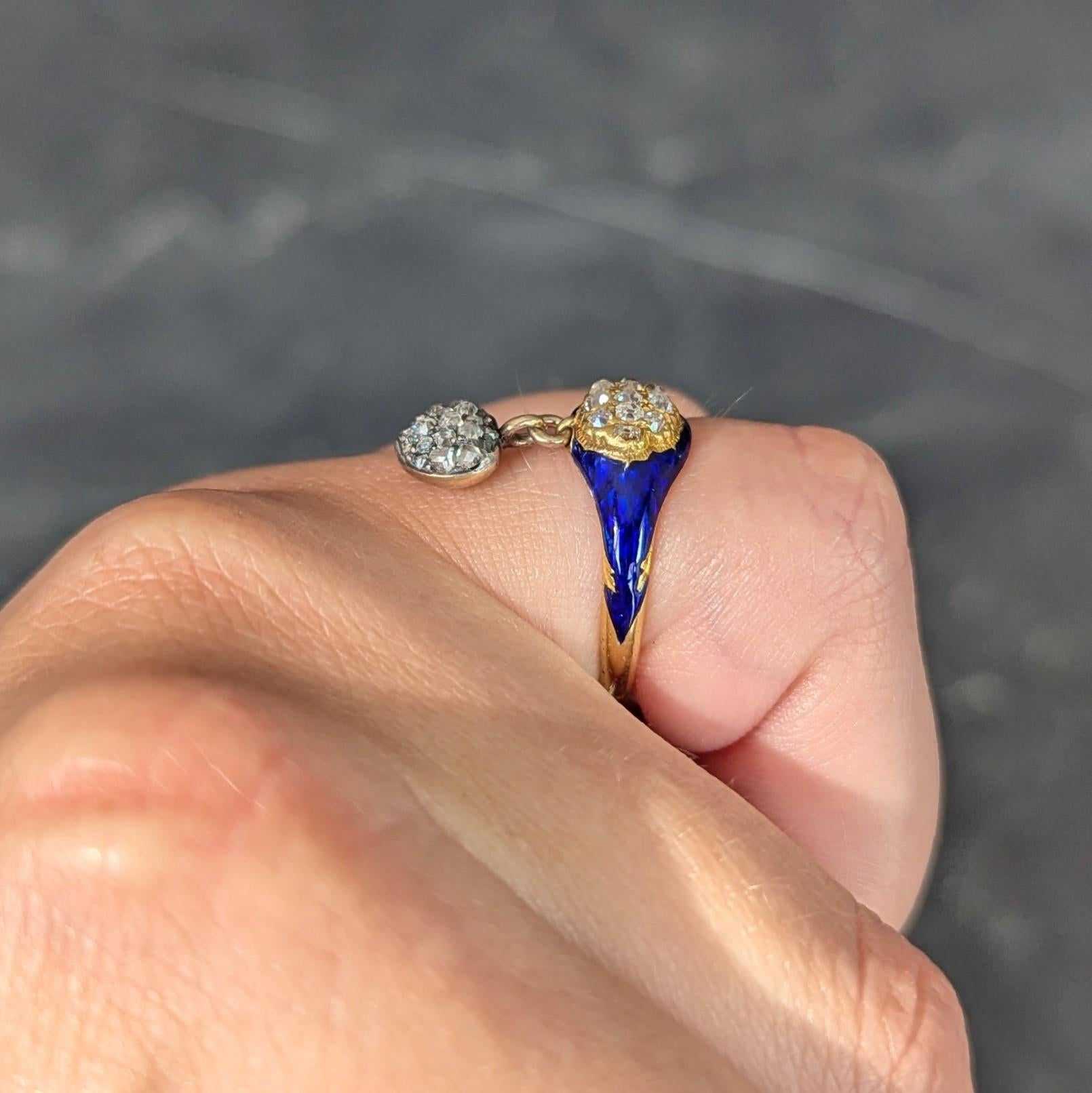 Victorian Diamond Blue Enamel 18K Yellow Gold Antique Heart Cluster Ring