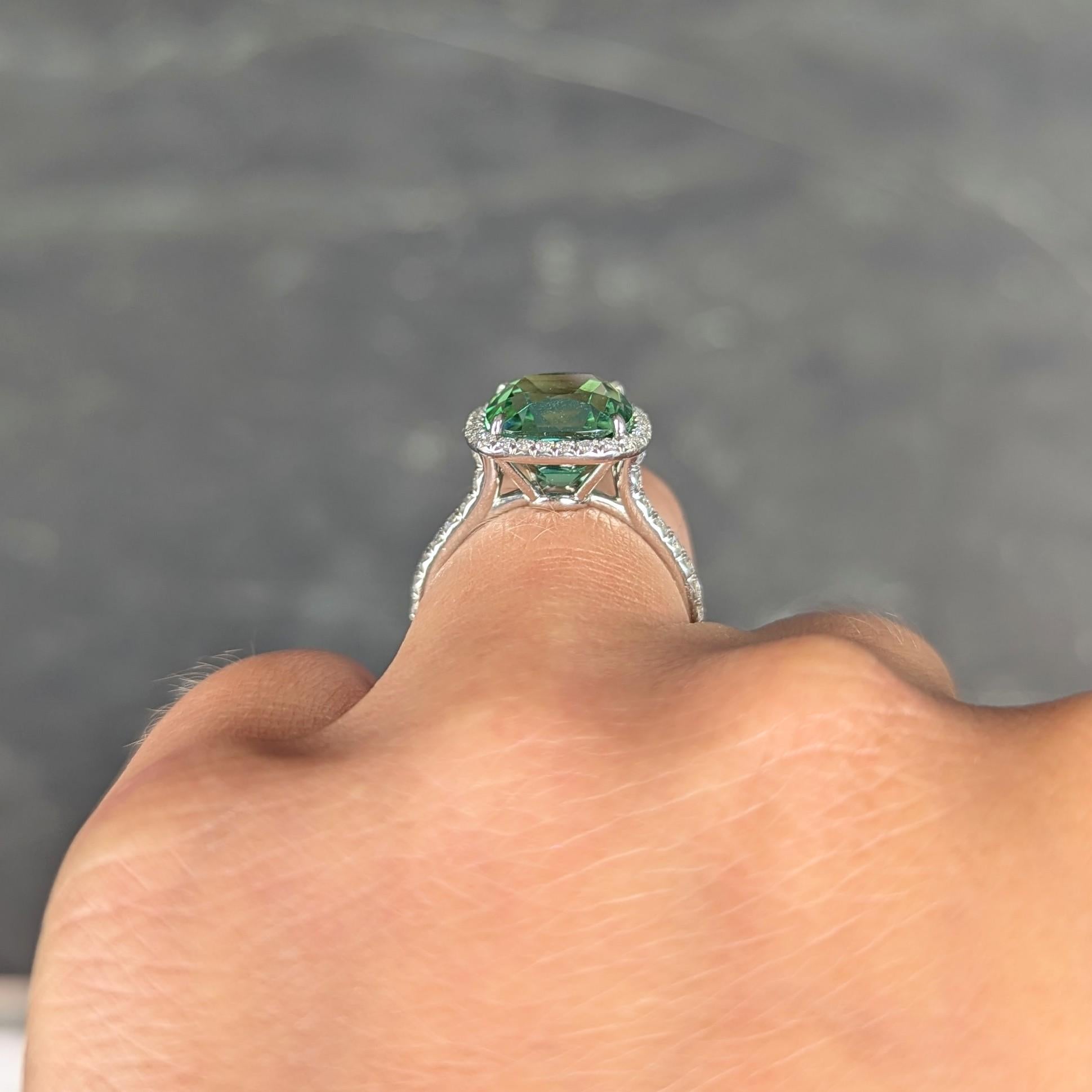 Tiffany & Co. 4.38 CTW Green Tourmaline Diamond Platinum Soleste Halo Ring