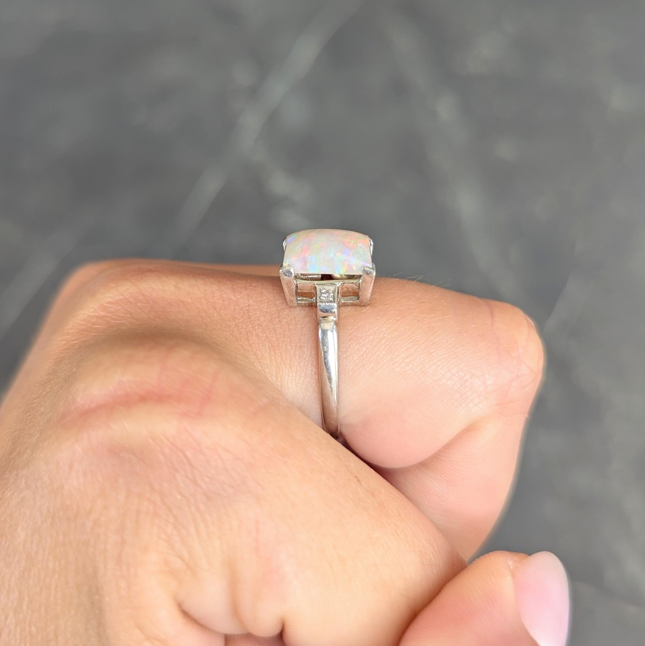 Baden & Foss Mid-Century Opal Diamond 14 Karat White Gold Vintage Ring
