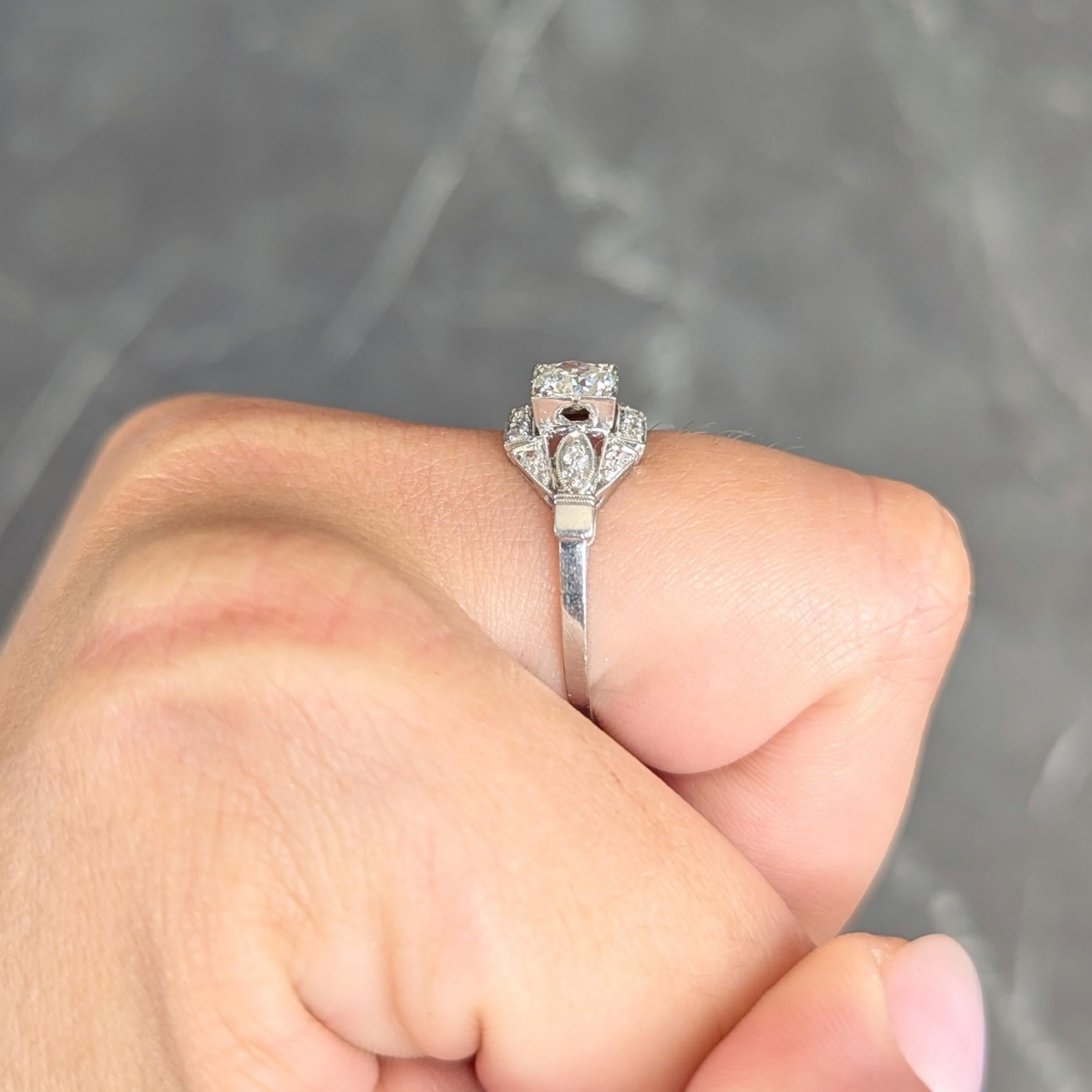 Art Deco 0.78 CTW Old European Diamond Platinum Vintage Cluster Engagement Ring