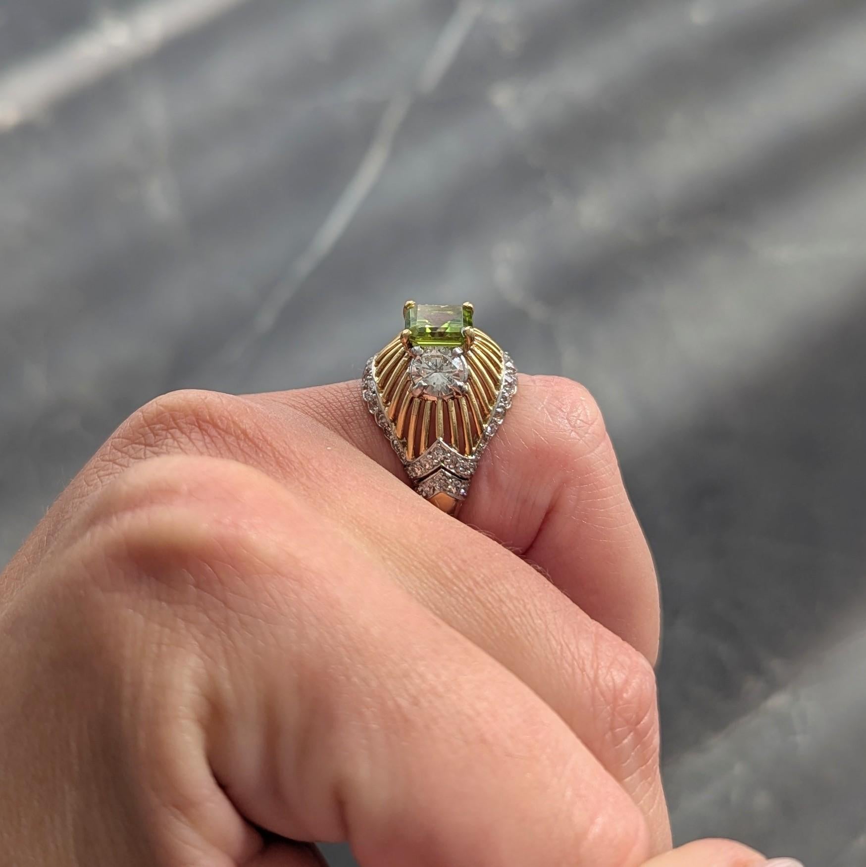 Cartier Retro 5.30 CTW Peridot Diamond Platinum 18K Gold Vintage Domed Ring