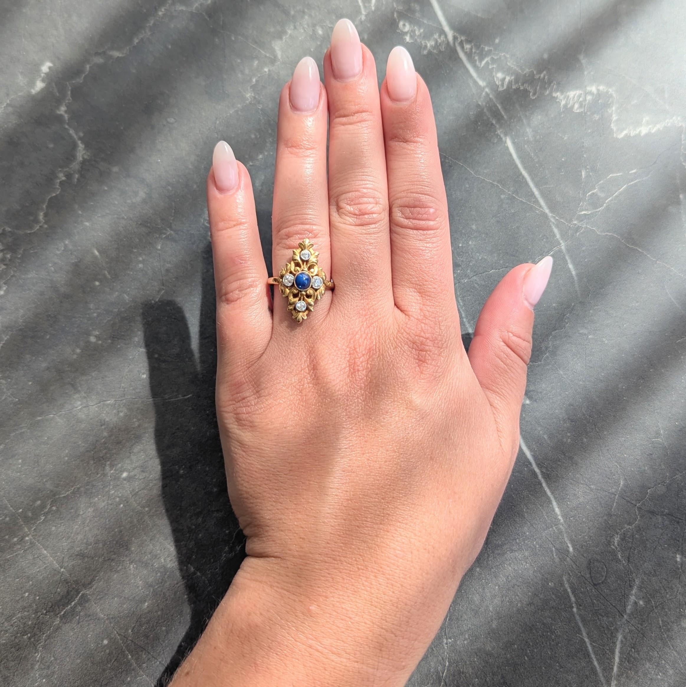 Art Nouveau Sapphire Diamond Platinum 18 Karat Yellow Gold Antique Foliate Ring