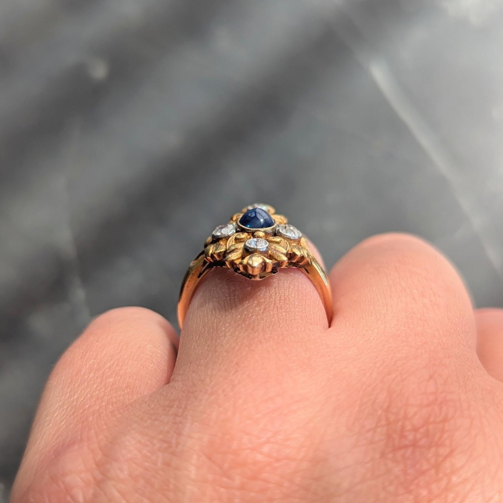 Art Nouveau Sapphire Diamond Platinum 18 Karat Yellow Gold Antique Foliate Ring