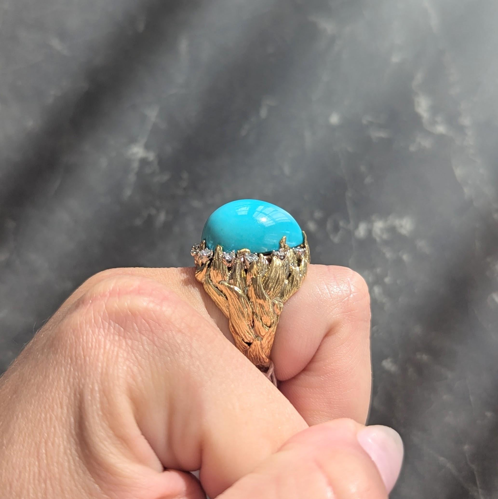 David Webb 1970's Turquoise Diamond 18K Gold Platinum Vintage Foliate Ring