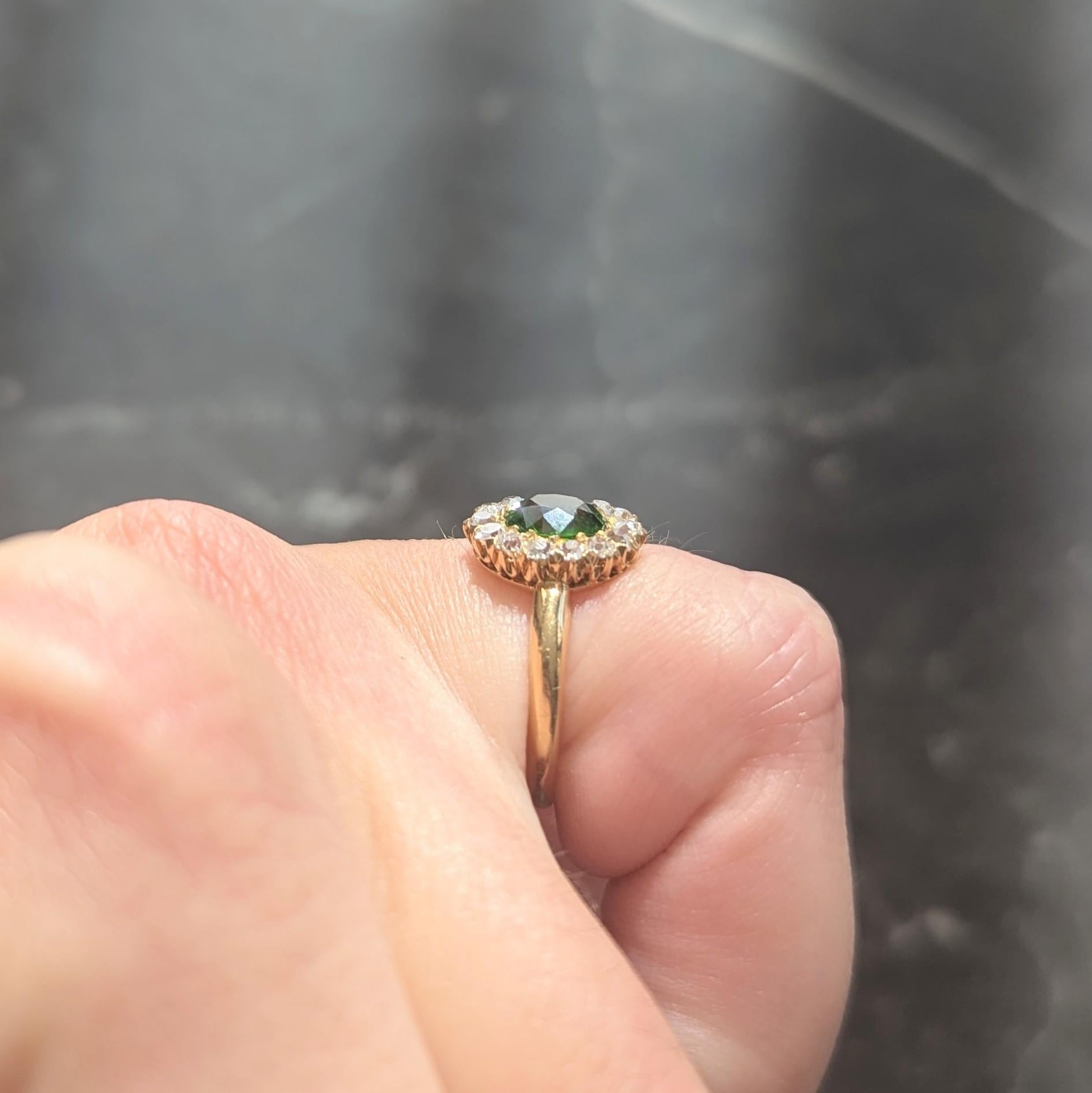 Victorian Green Demantoid Garnet Diamond 18 Karat Yellow Gold Antique Halo Ring