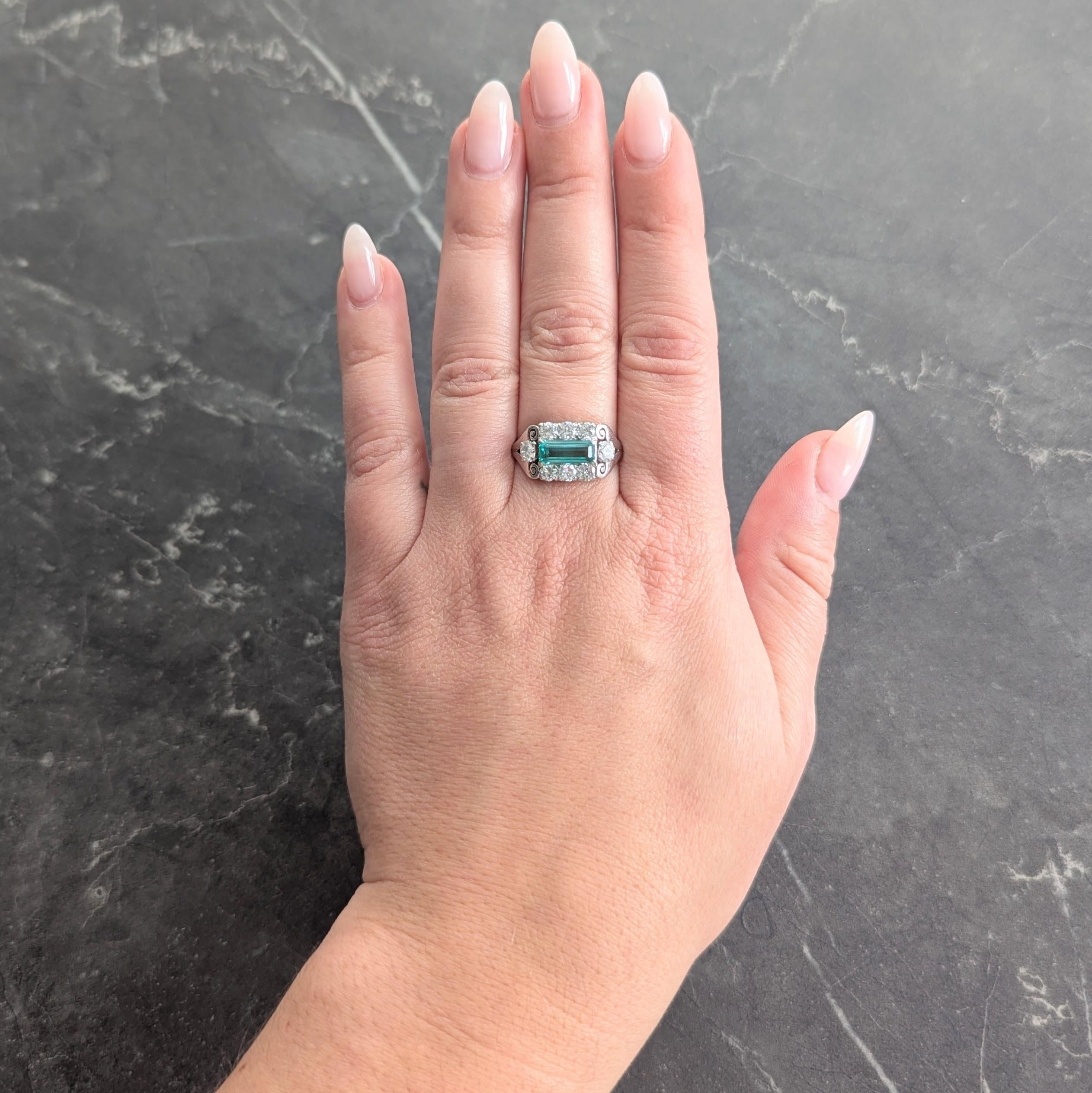 Mid-Century 2.14 Emerald Diamond Platinum Vintage Scroll Ring