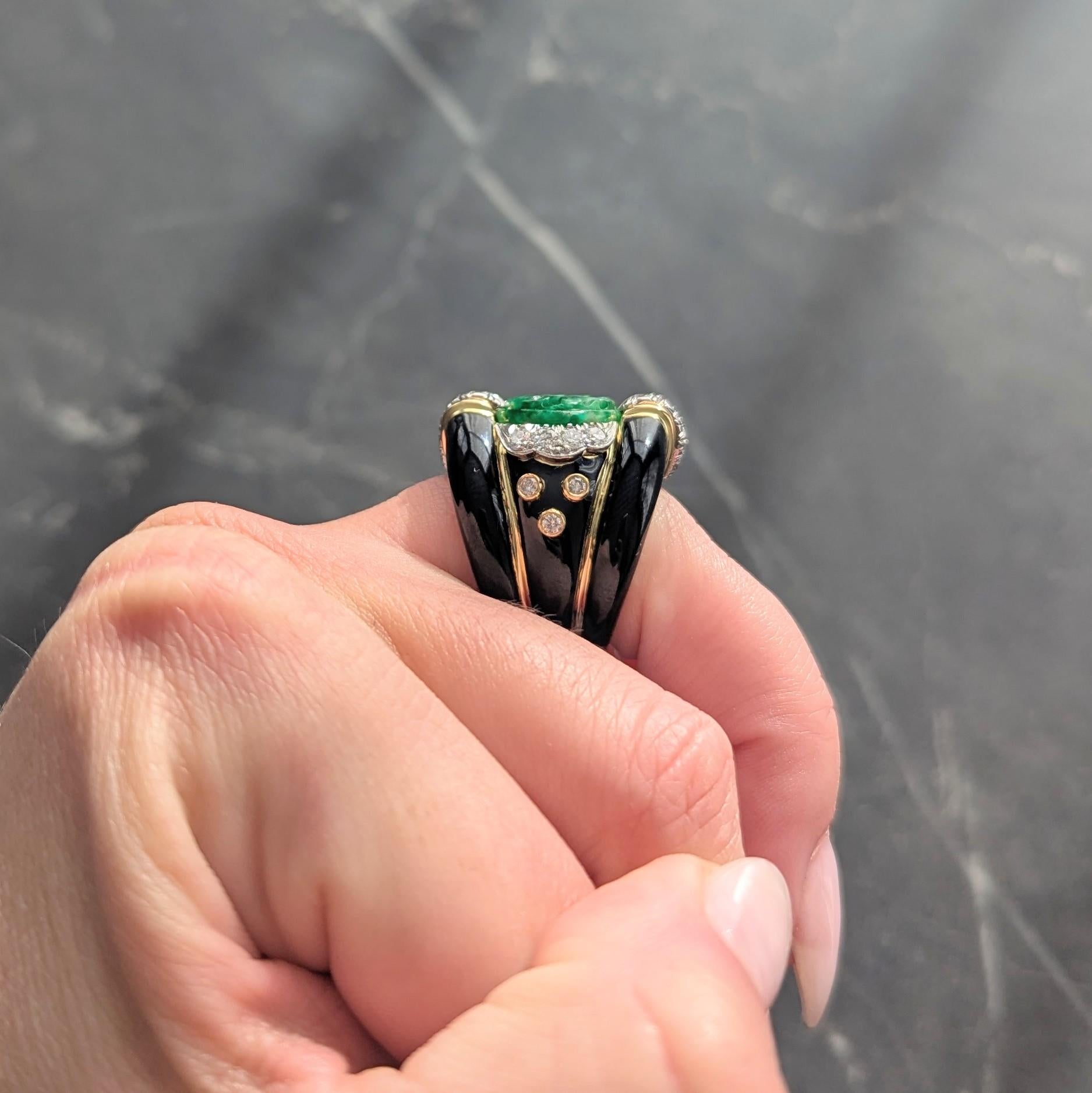 David Webb 1980's Jade Diamond Enamel Platinum 18K Gold Floral Vintage Band Ring