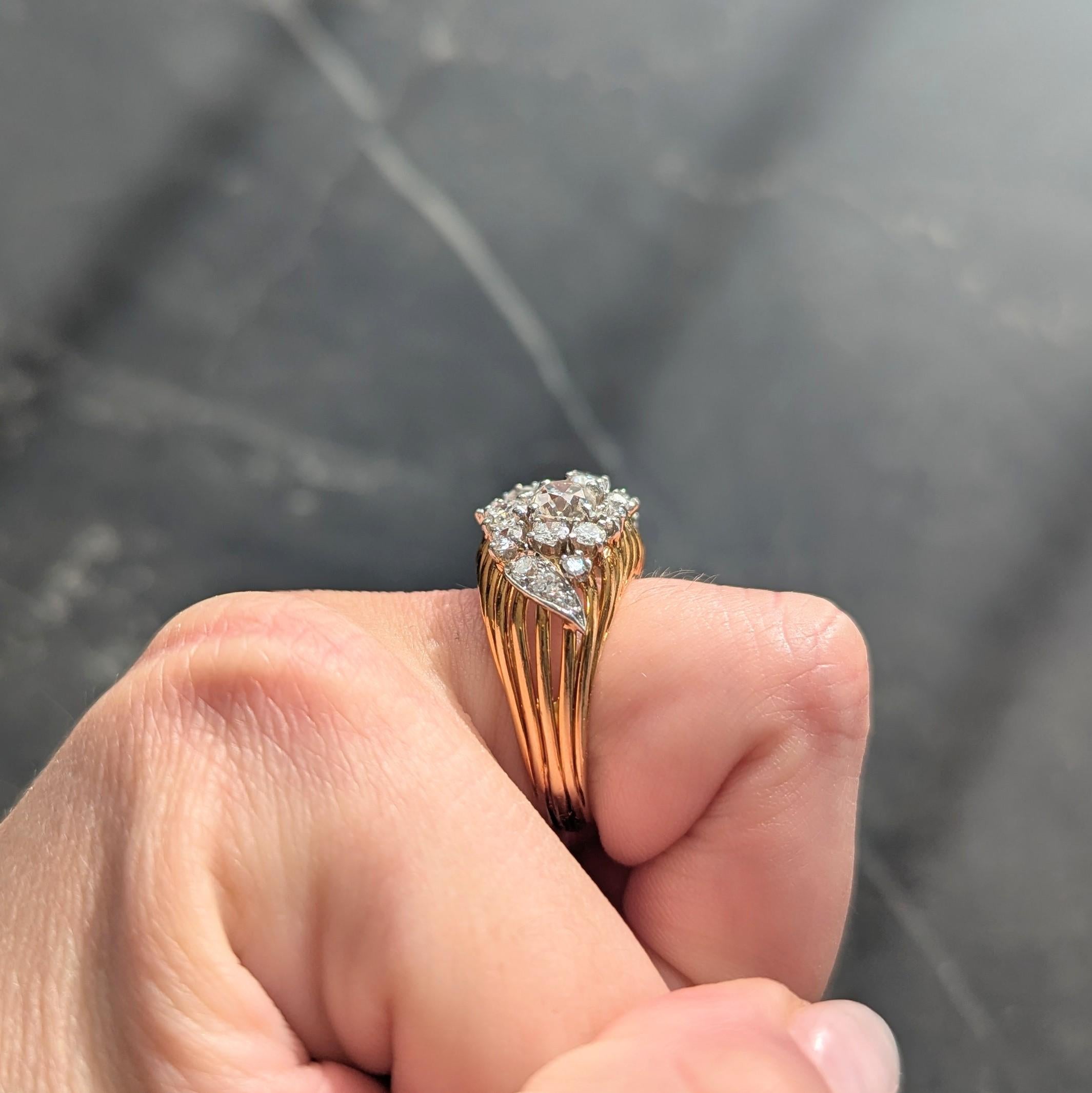 Mid-Century 2.34 CTW Diamond Platinum 18K Gold Vintage Wire Spray Cluster Ring