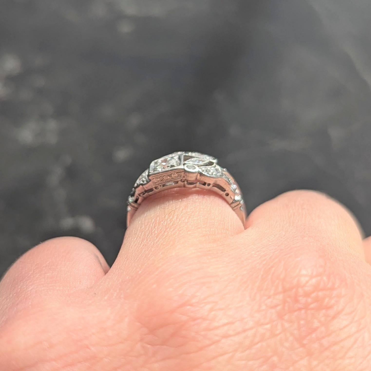 Art Deco Old European Cut Diamond Platinum Vintage Foliate Cluster Ring