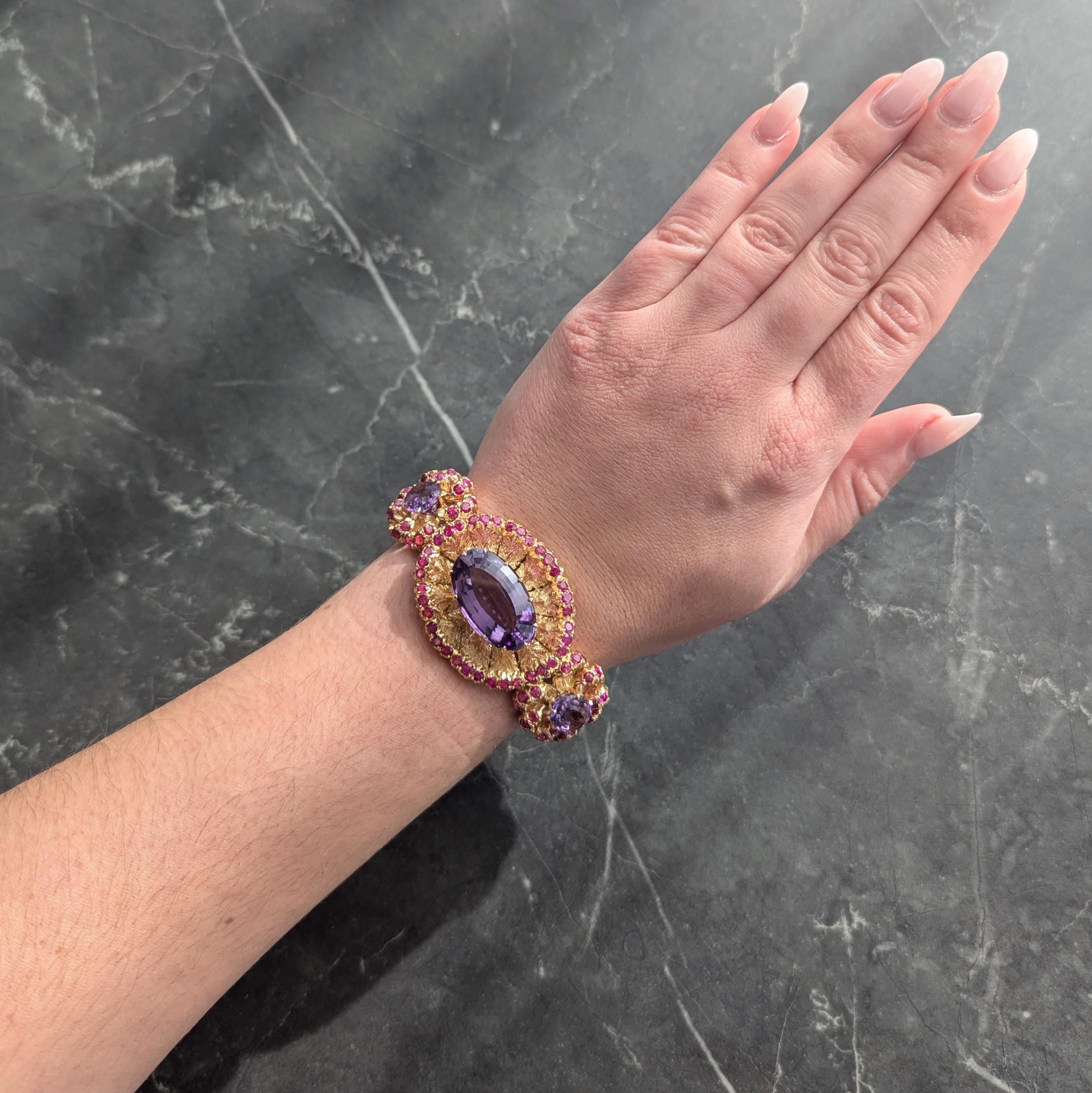 Buccellati 1960 36.79 CTW Amethyst Ruby 18K Gold Vintage Floral Bangle Bracelet