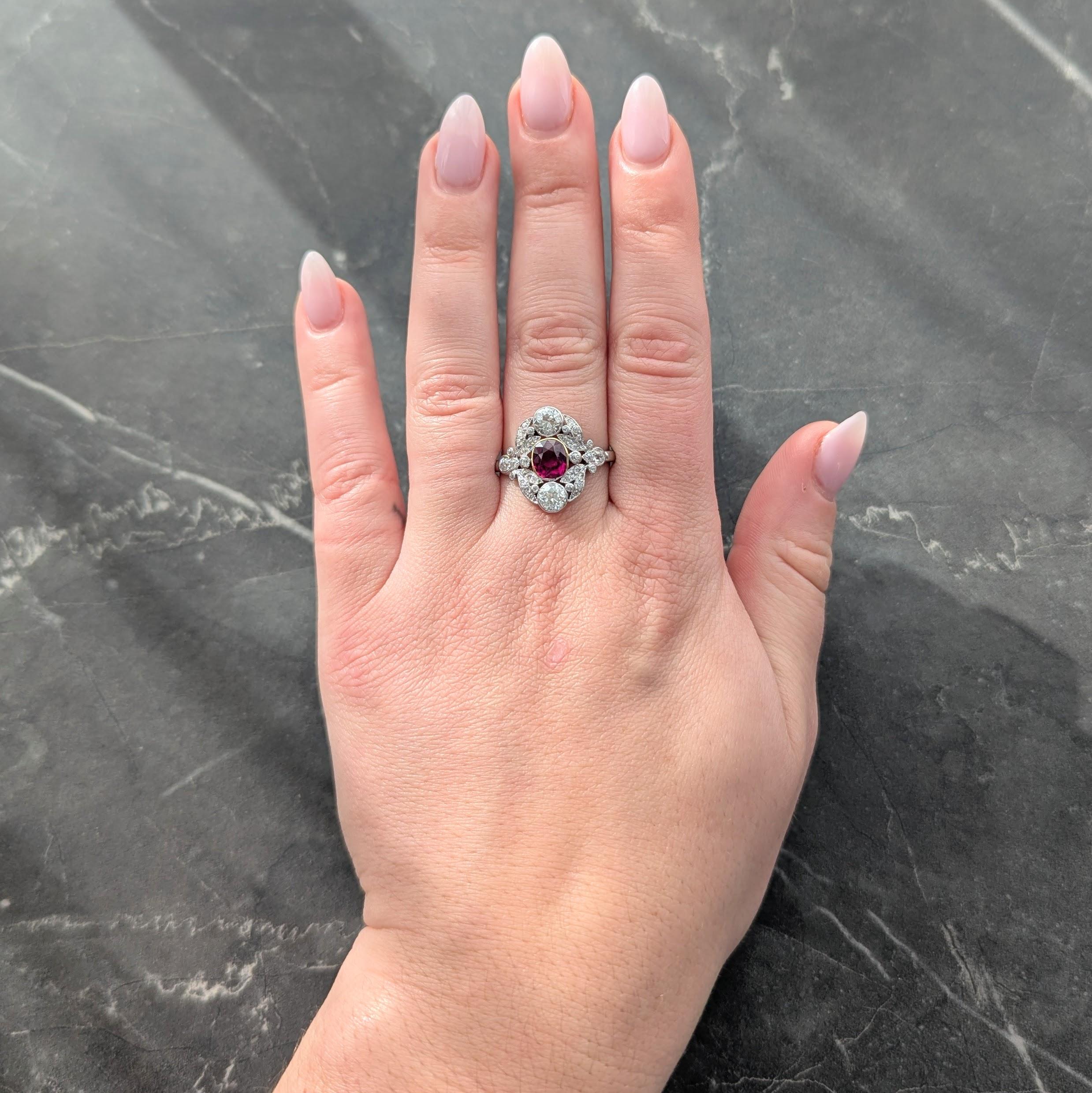 J.E. Caldwell Ruby Diamond Platinum 18K Gold Antique Foliate Dinner Ring GIA