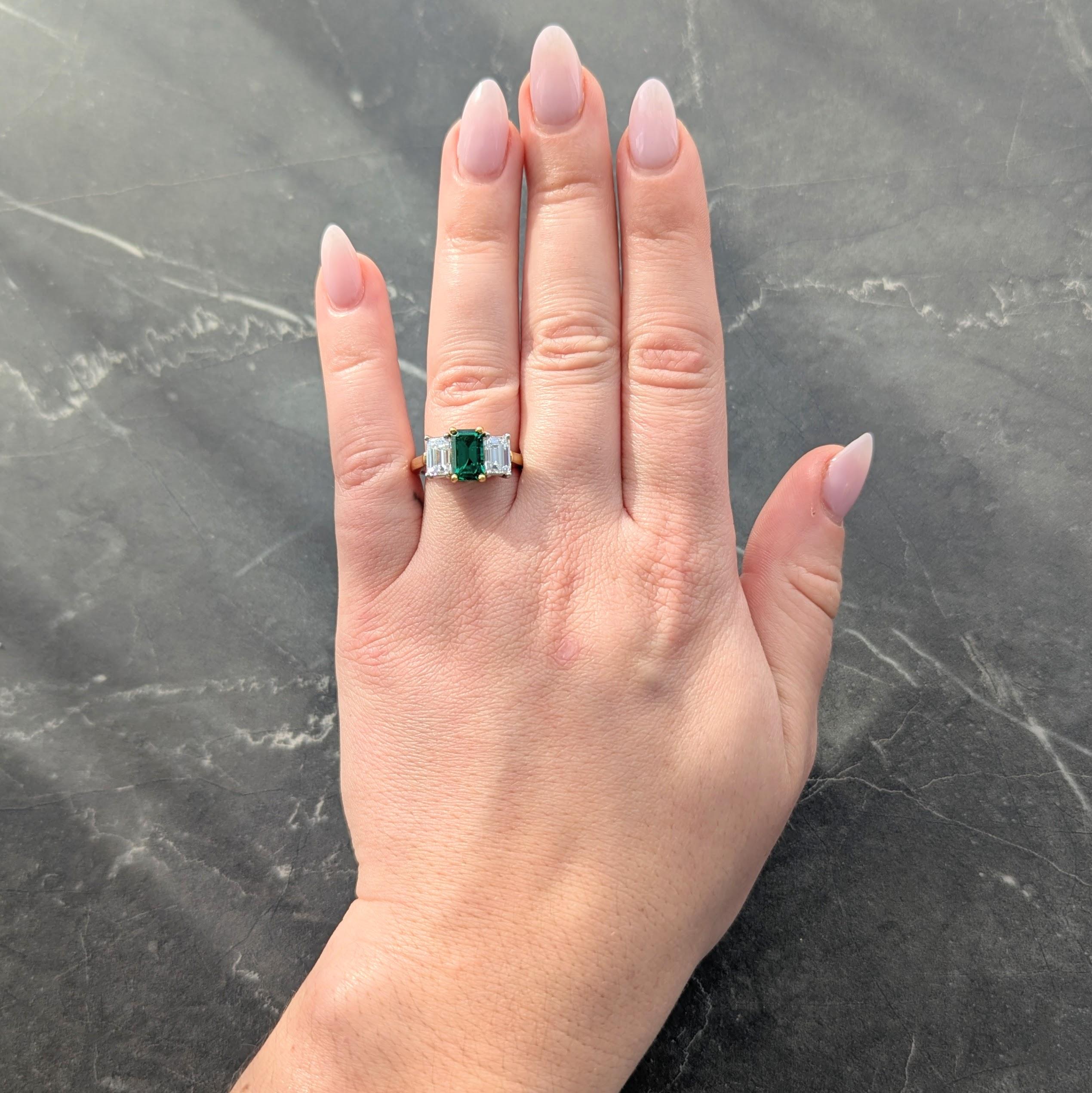 1990's 3.36 CTW No-Oil Emerald Diamond 18K Gold Platinum Three Stone Ring GIA