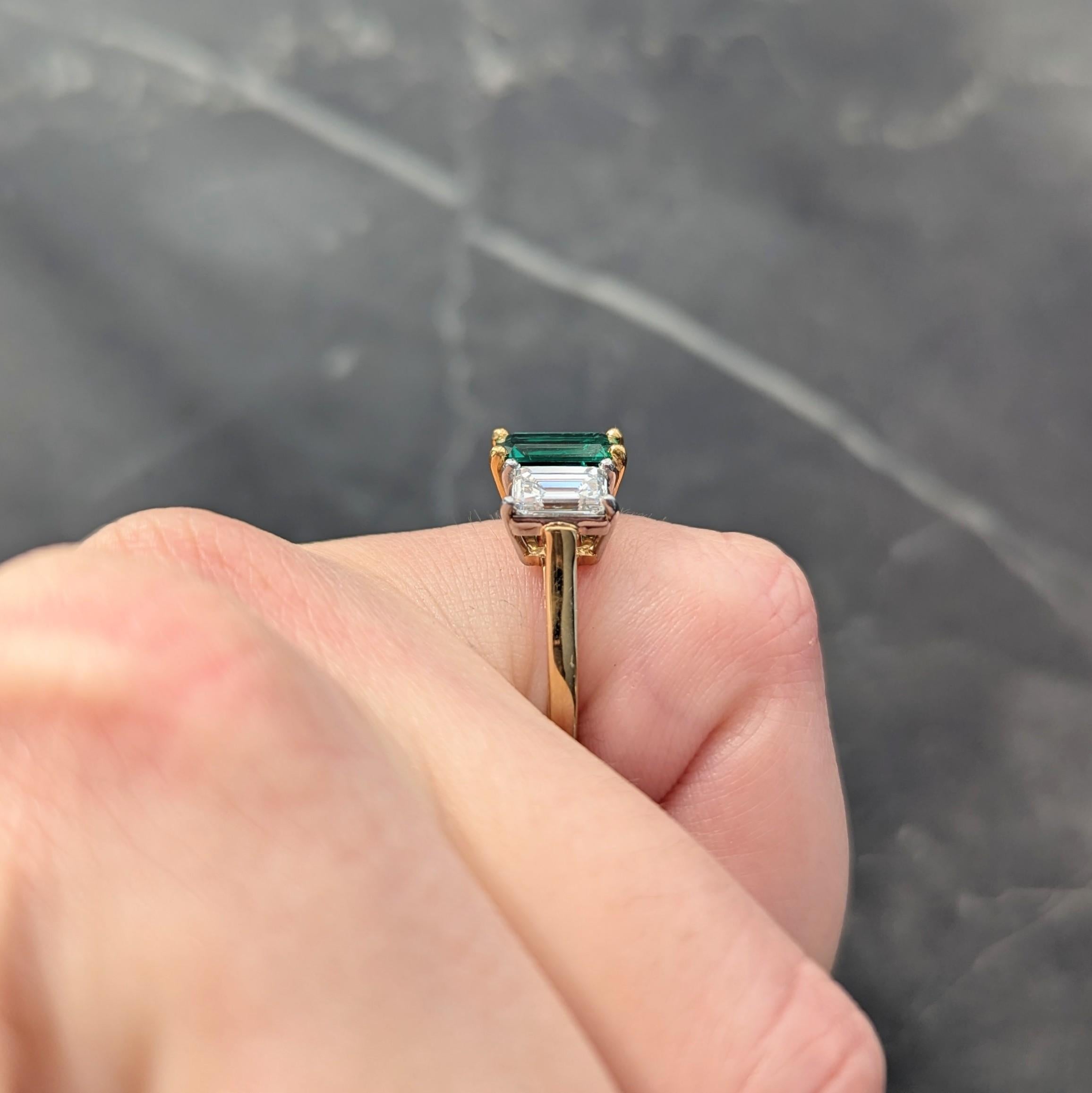 1990's 3.36 CTW No-Oil Emerald Diamond 18K Gold Platinum Three Stone Ring GIA