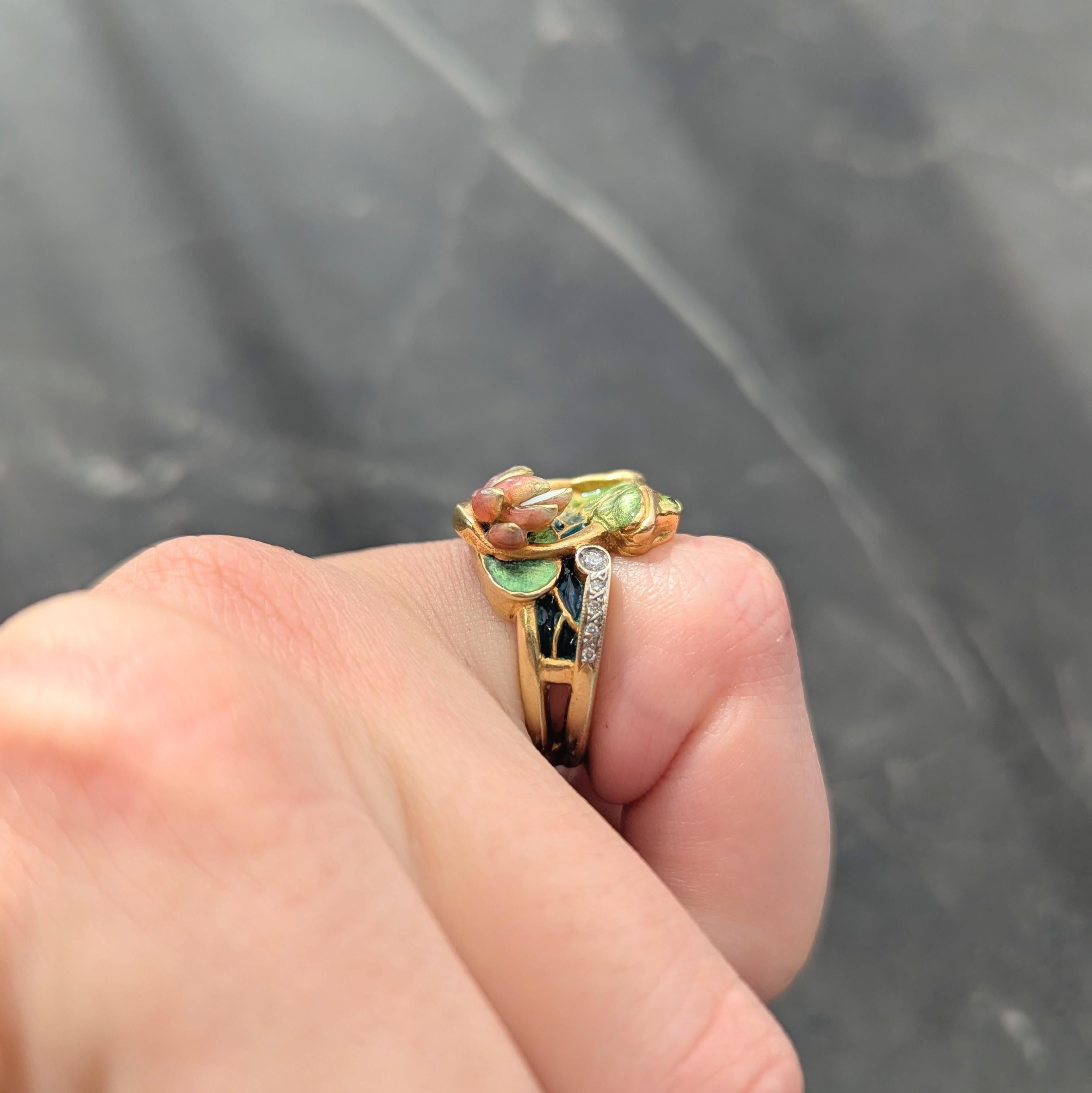 Masriera Contemporary Diamond Enamel 18K Gold Platinum Frog Water Lily Ring