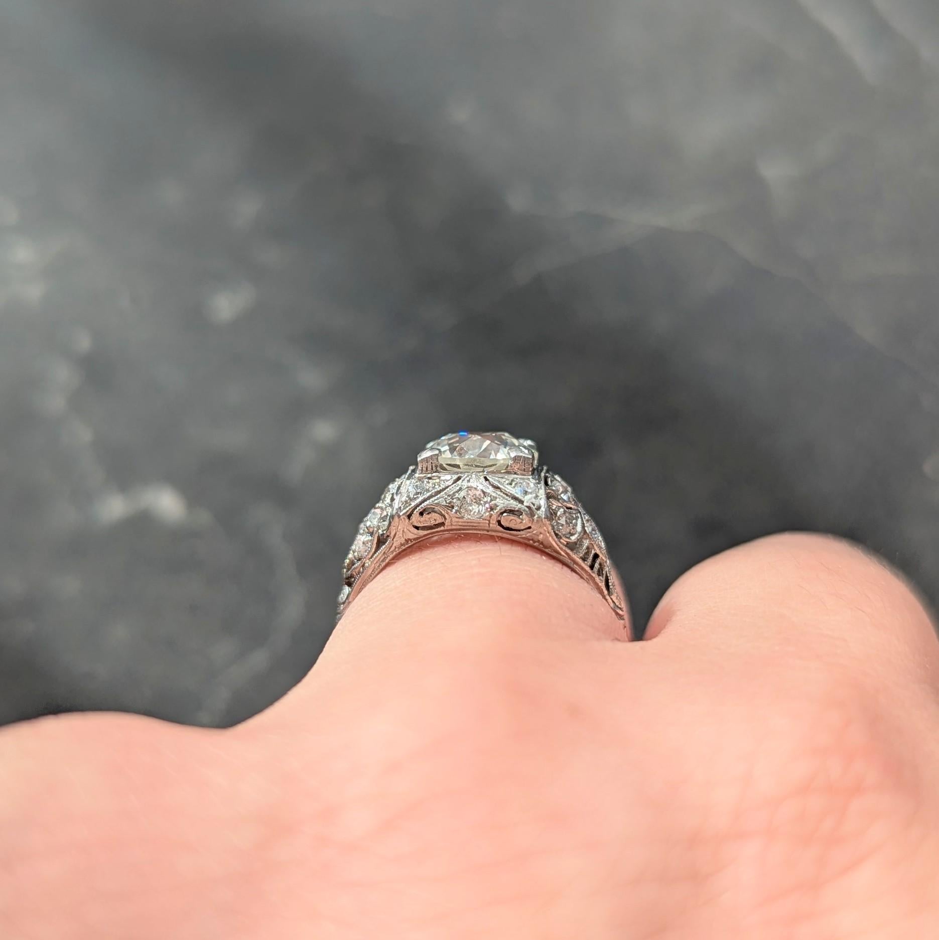 Art Deco 2.03 CTW Old European Diamond Platinum Foliate Vintage Engagement Ring
