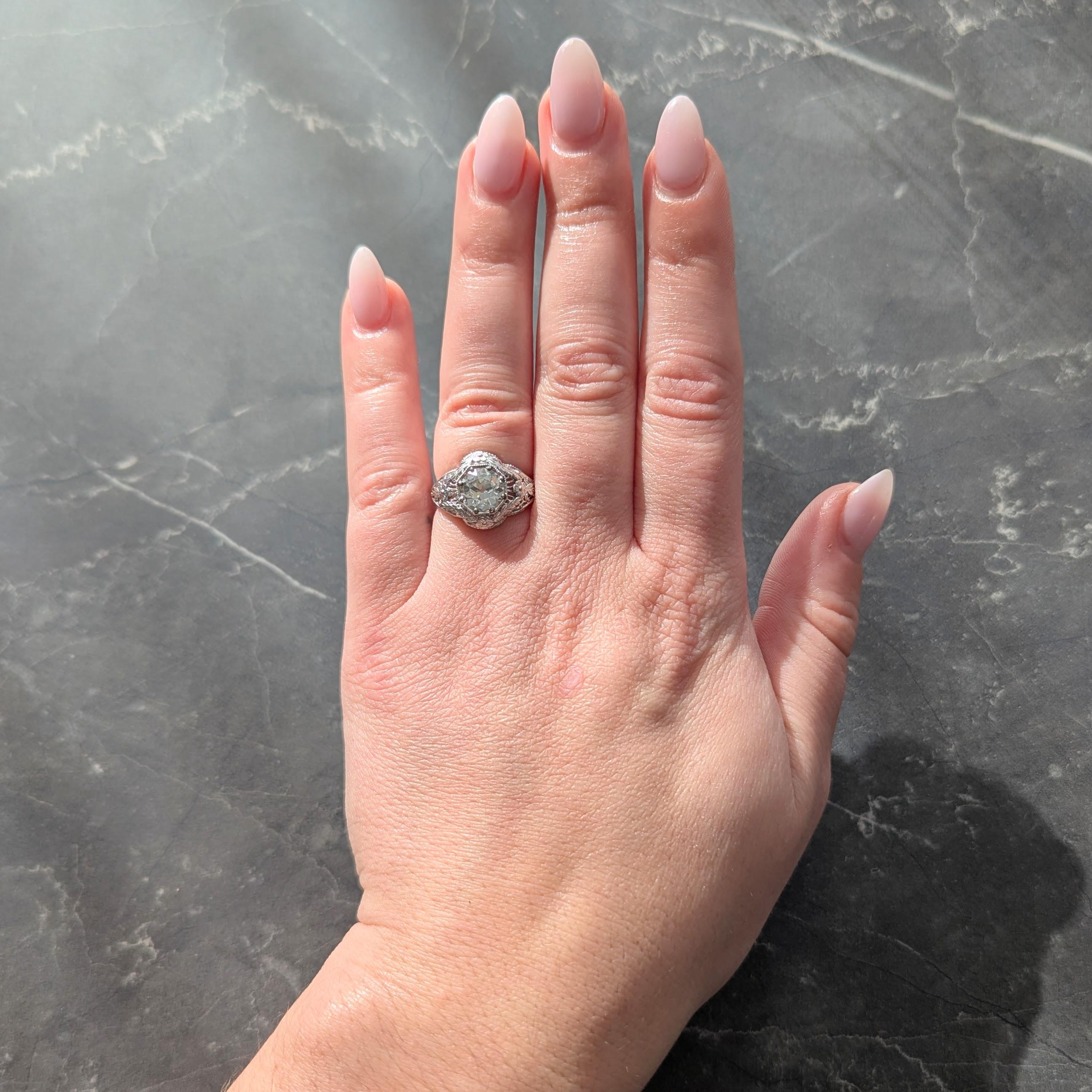 Art Deco Old European Cut Diamond 18K White Gold Floral Vintage Engagement Ring