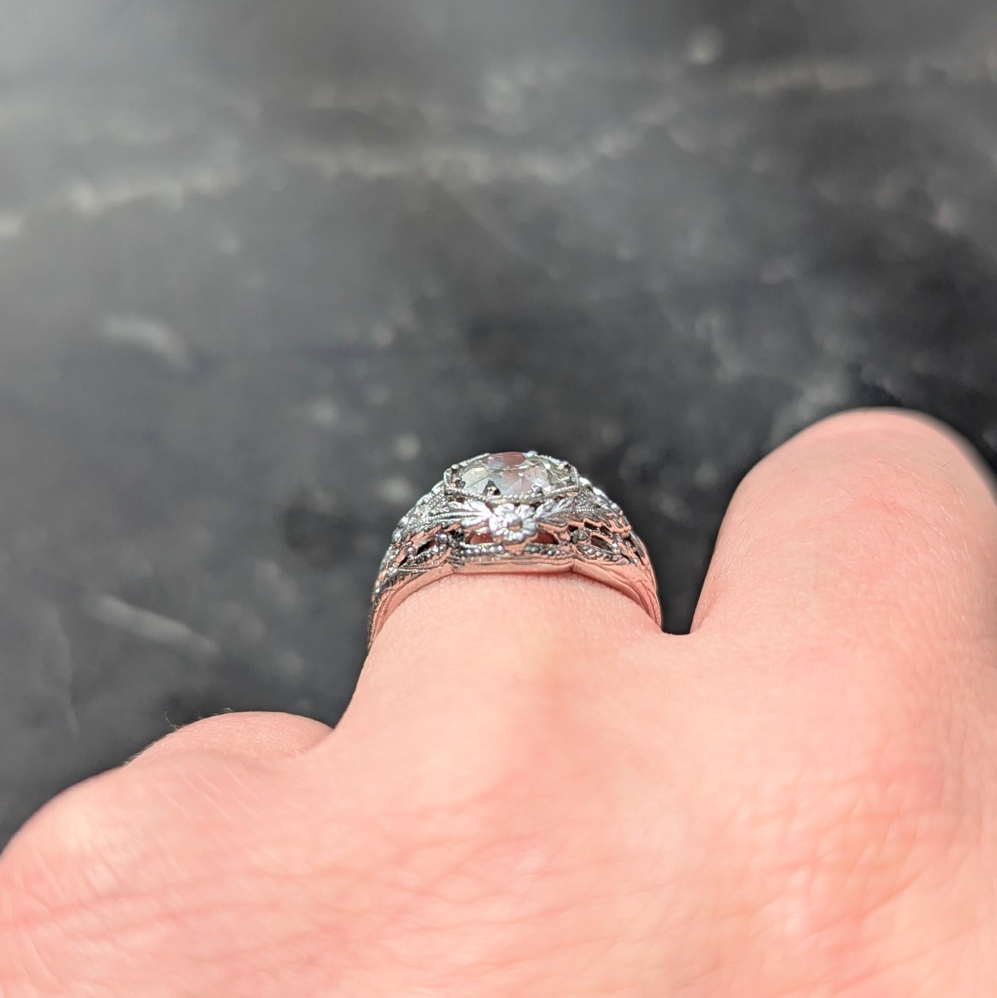Art Deco Old European Cut Diamond 18K White Gold Floral Vintage Engagement Ring