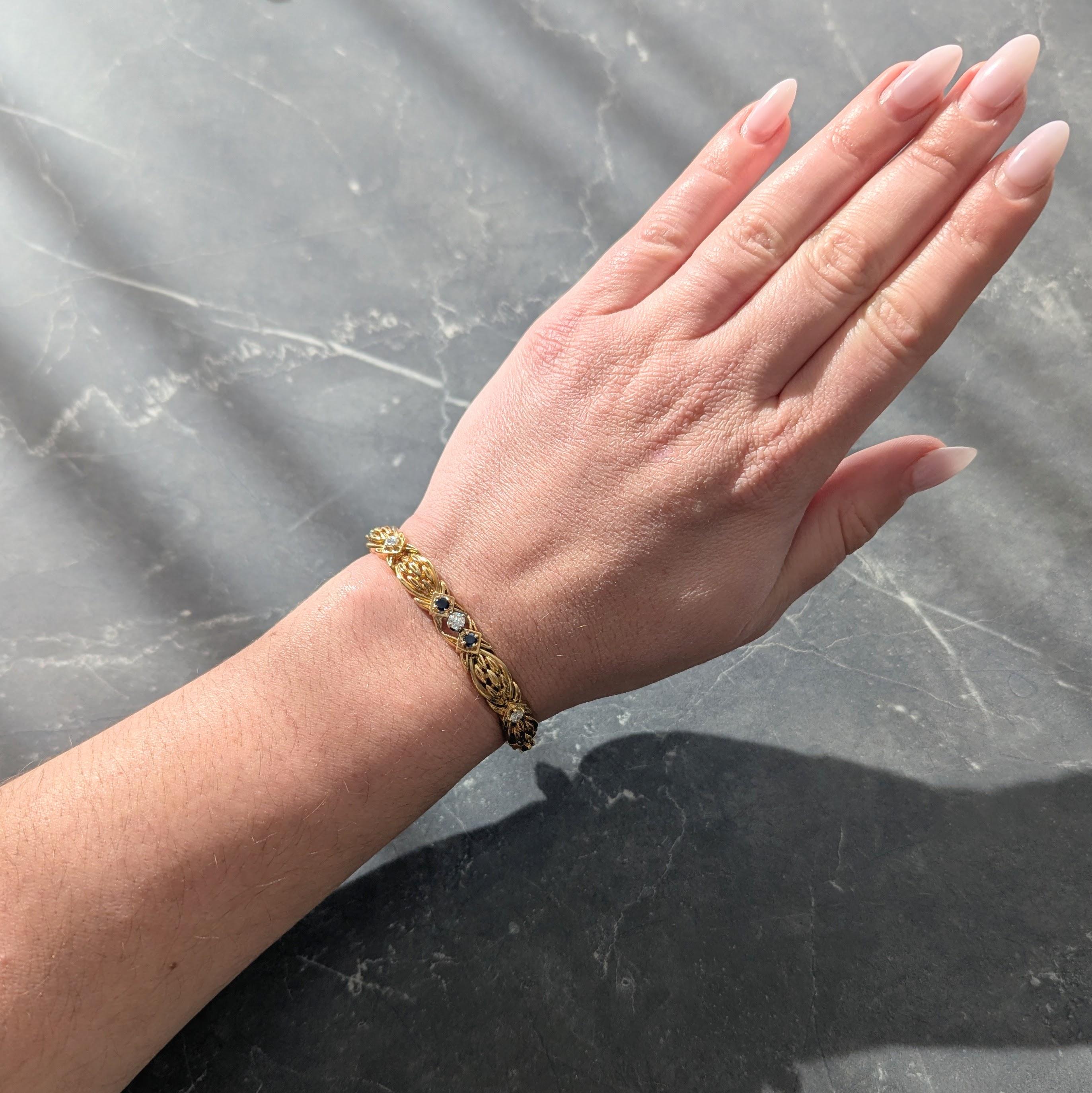 Tiffany & Co. 1990's 1.04 CTW Sapphire Diamond 18K Gold Vintage Wheat Bracelet