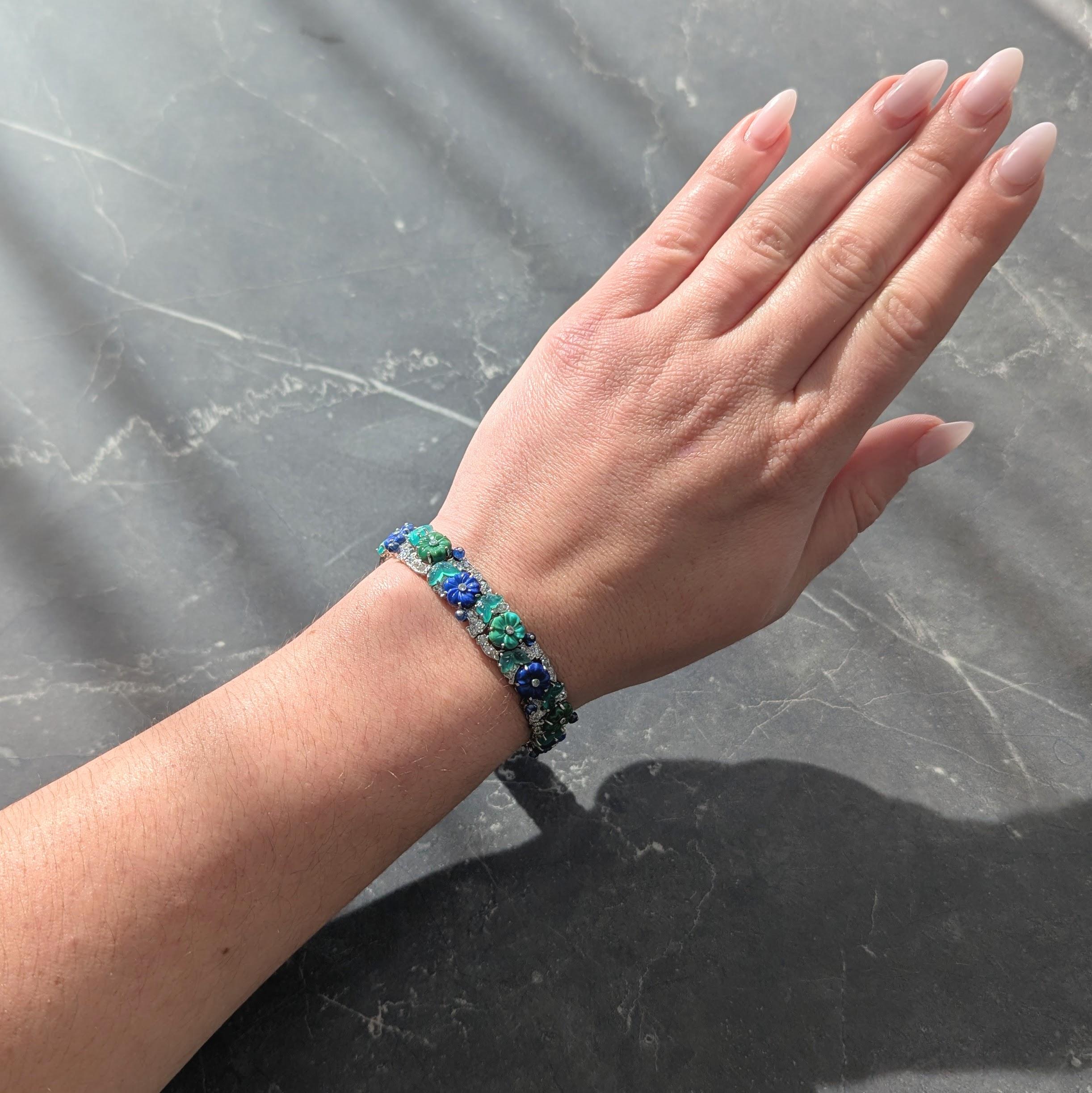 Art Deco Diamond Multi-Gem Turquoise Platinum Vintage Floral Buckle Bracelet