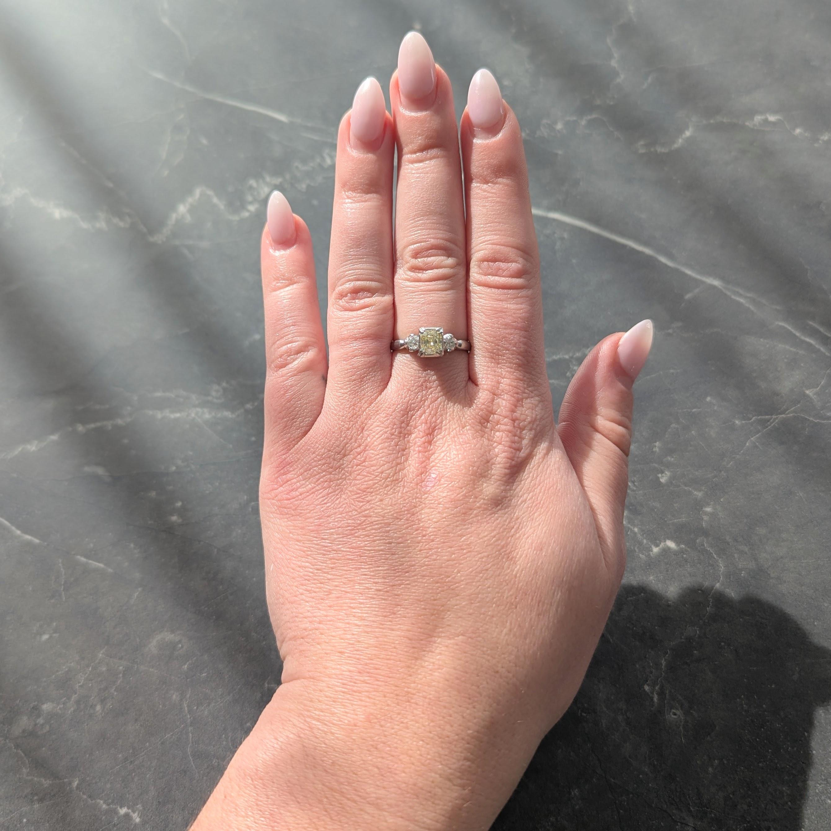 1950's 0.95 CTW Fancy Yellow Asscher Diamond Platinum Vintage Engagement Ring