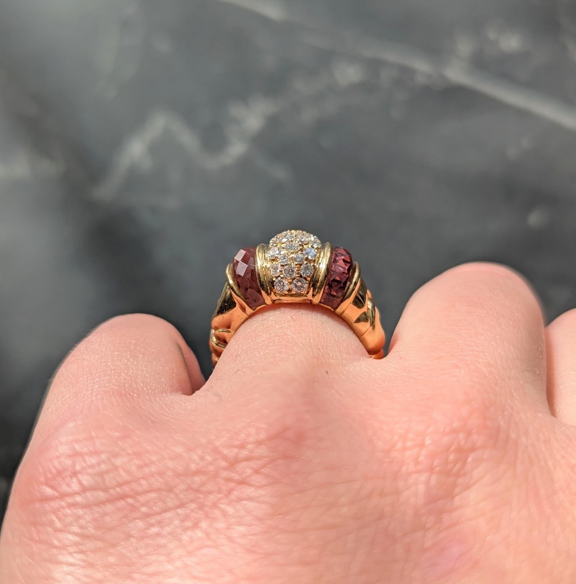 Bulgari 1990's Diamond Tourmaline 18 Karat Yellow Gold Vintage Passo Doppio Ring