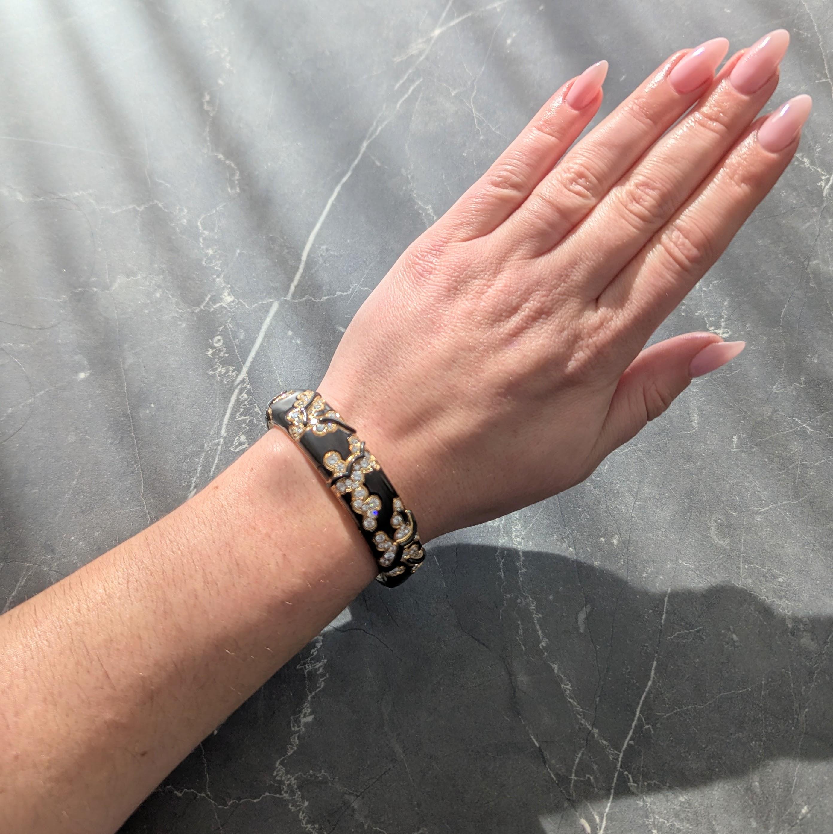 Marina B. 1988 Diamond Enamel Onyx 18K Gold Vintage Mitsouko Cuff Bracelet