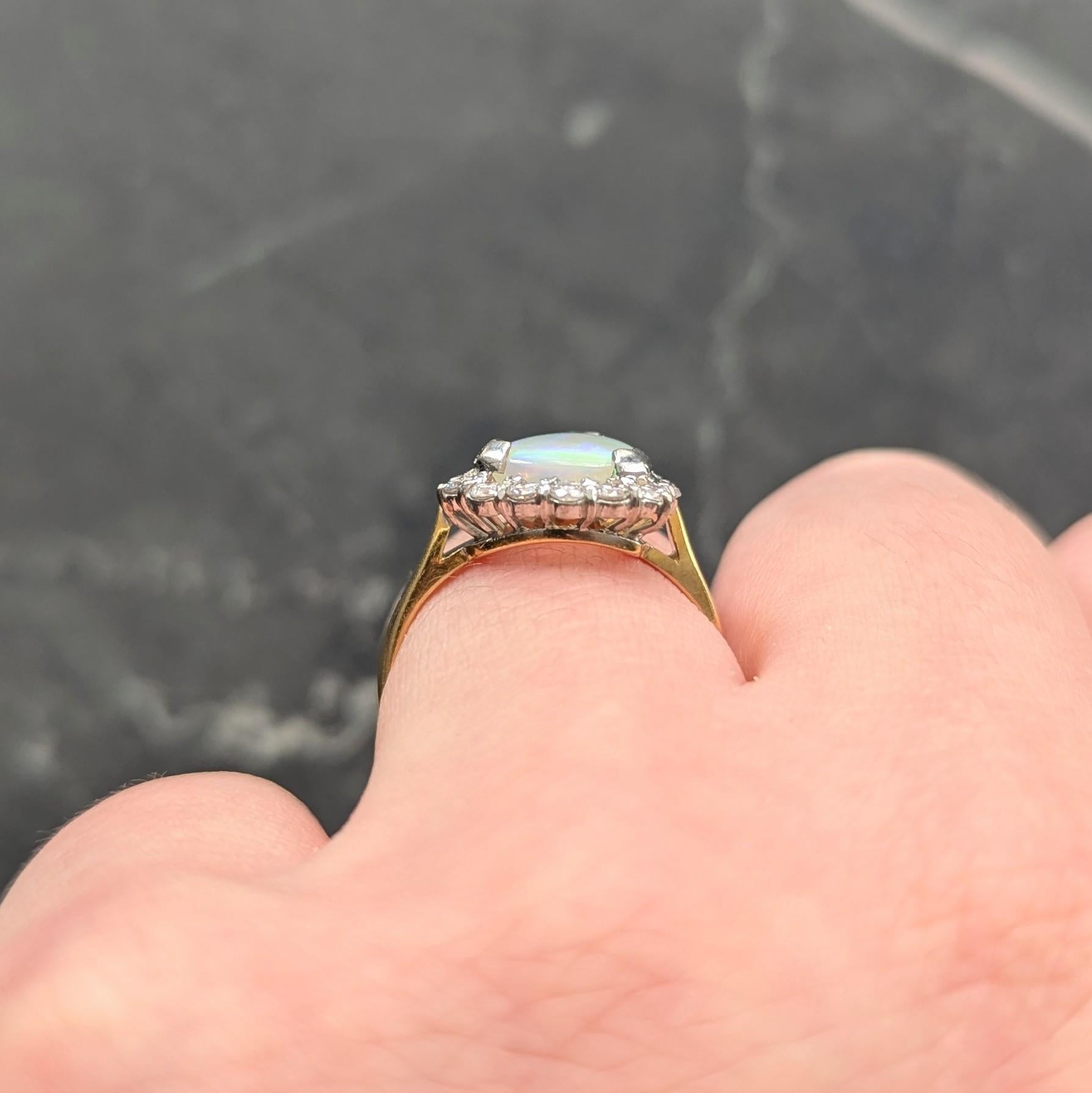 1980's Opal Diamond 18 Karat Yellow White Gold Triangular Vintage Halo Ring