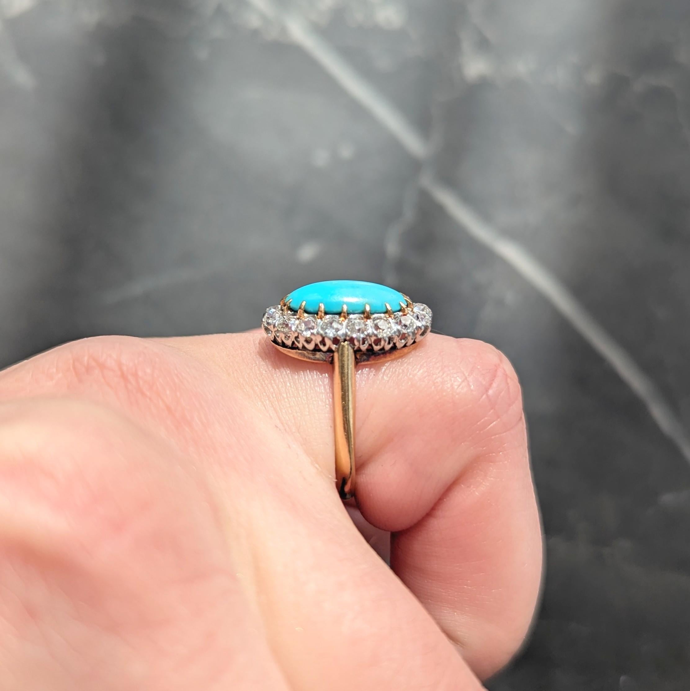 Edwardian Diamond Turquoise Platinum 14 Karat Yellow Gold Antique Halo Ring
