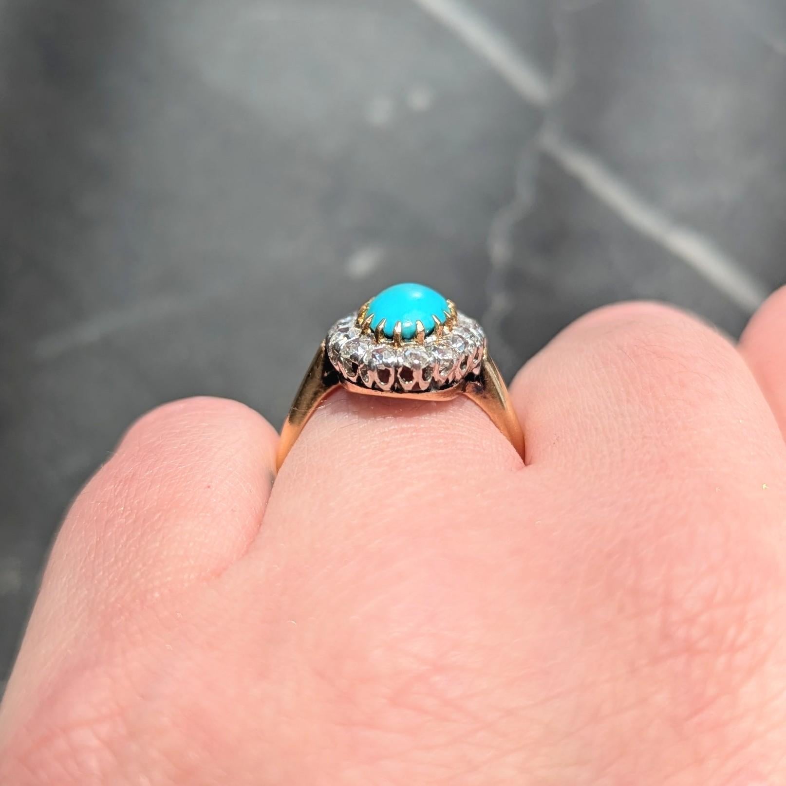 Edwardian Diamond Turquoise Platinum 14 Karat Yellow Gold Antique Halo Ring