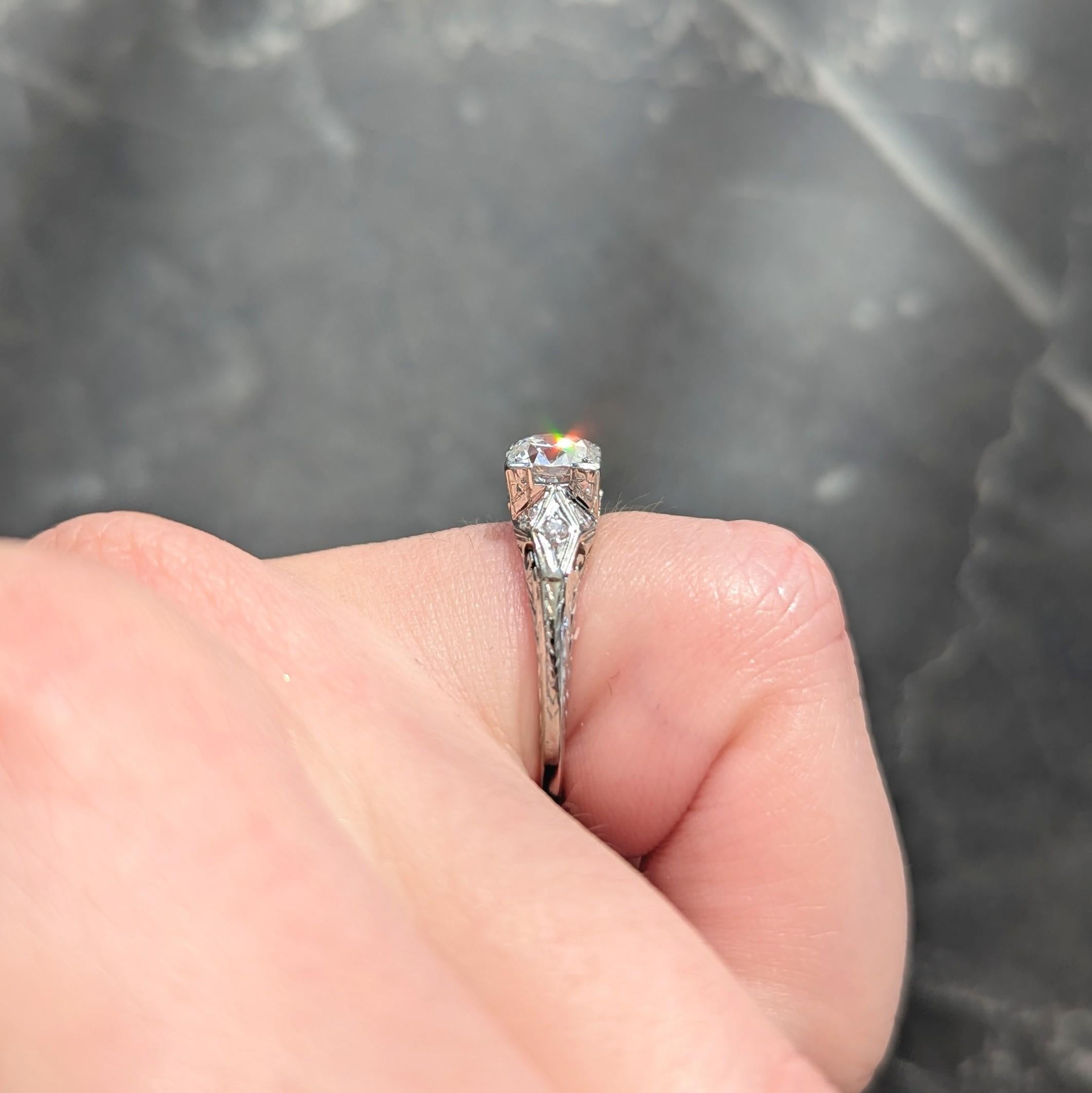 Art Deco 0.88 CTW European Diamond 18K White Gold Vintage Scroll Engagement Ring
