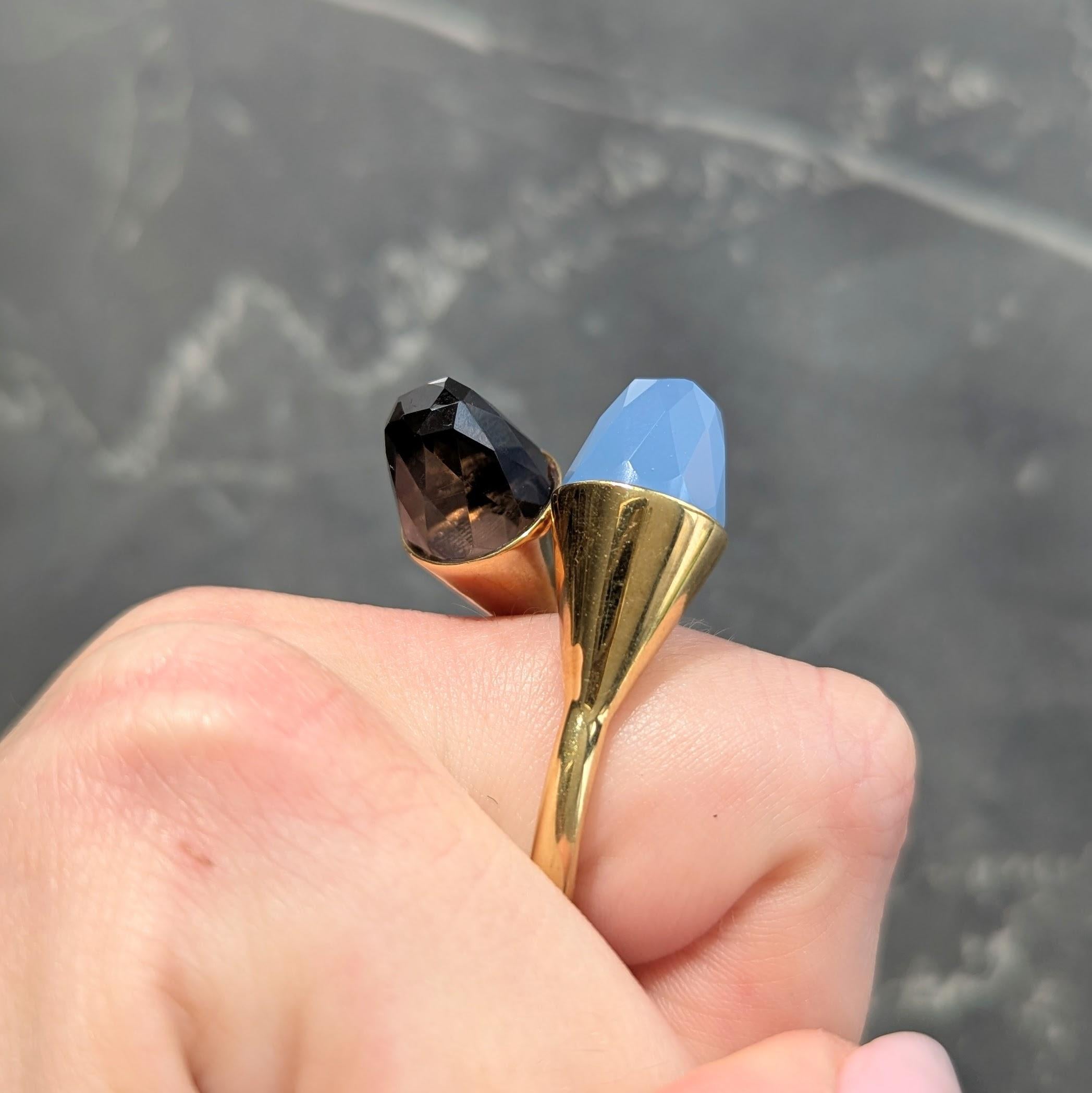 Contemporary Blue Chalcedony Smoky Quartz 18K Yellow Gold Bypass Ring
