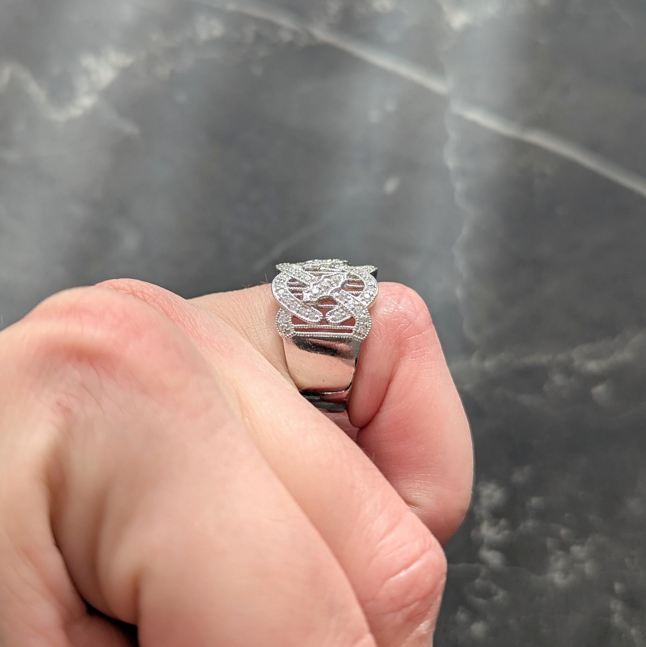 Contemporary Round Diamond 18 Karat White Gold Wide Twist Filigree Band Ring